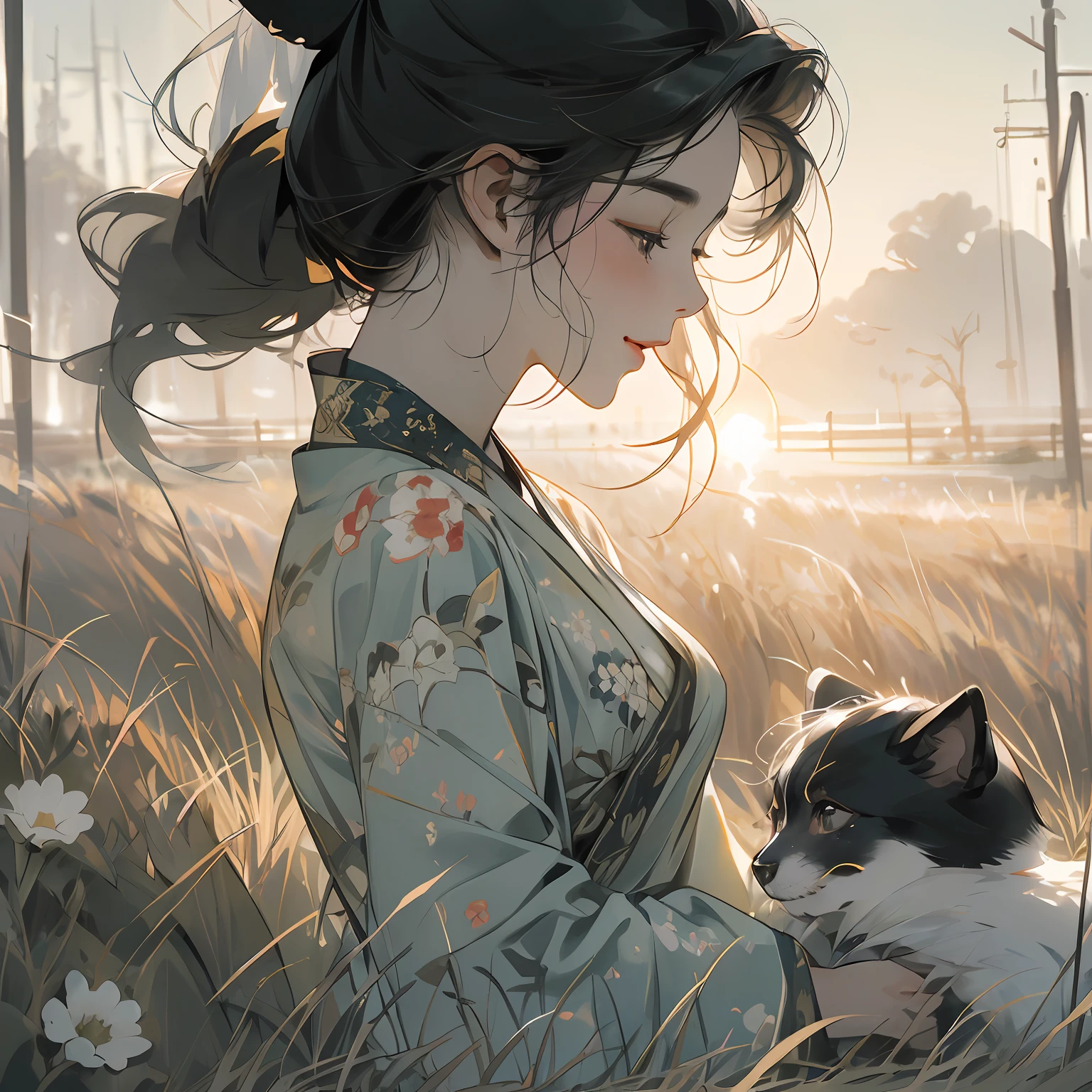 ((A woman lying on the grass,A pastoral dog jumps on the side)),Gorgeous light gauze hanfu,Laughing expression,Separate bangs,Ponytail hairstyle,耳Nipple Ring,dynamic blur,Fog shrouded,Detailed representation,,Ray traching,Third Person View,ink wash style,8K