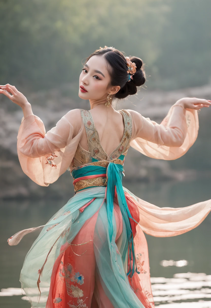 An ancient Chinese beauty stands and dances on the water, gorgeous costumes embroidered with intricate embroidery, flowing tulle, transparent long colorful ribbons tied on the arms, inspired by Dunhuang Flying Apsaras murals, showing navel, bare shoulders, bare neck, Black curly hair in a high bun with flower hairpins, ribbons on arm rings, wreaths, bracelets, anklets, metal chain tassels on the waist, Mogao Grottoes art, ink painting, cgstation pop