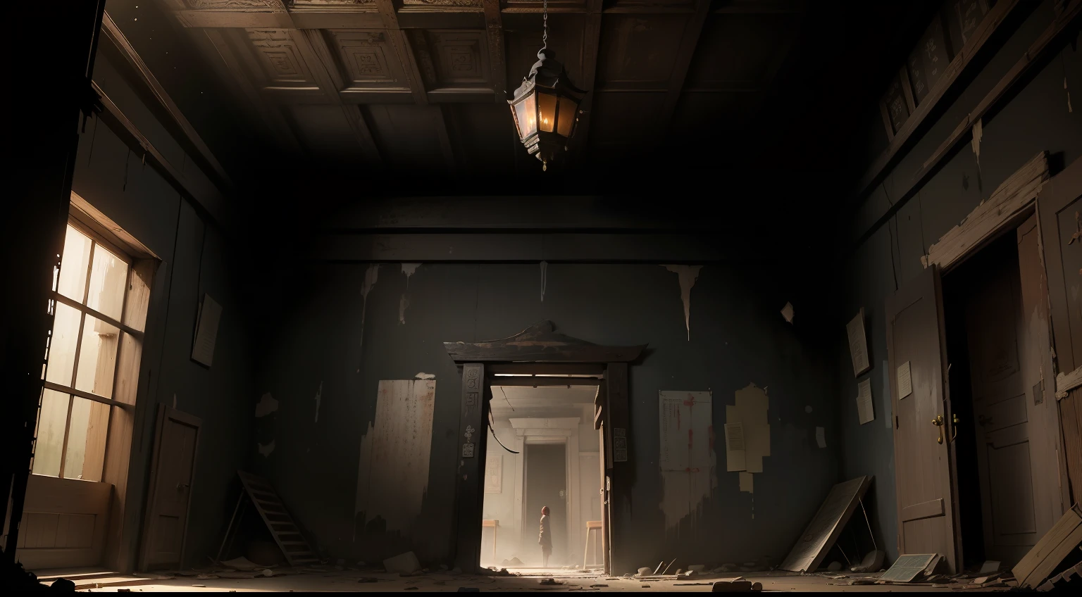 It's pitch black,Dilapidated temple interior