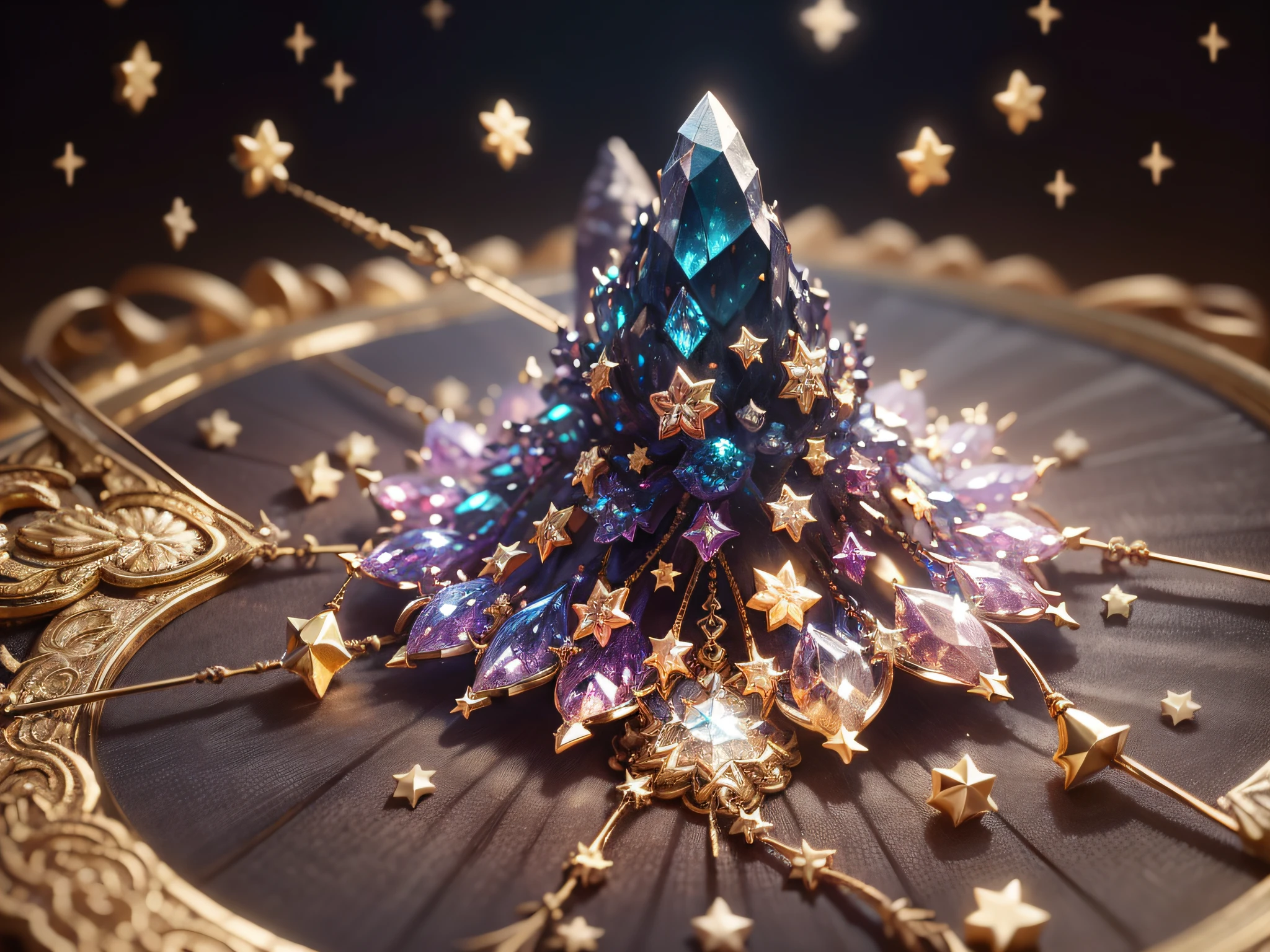 Lots of scattered crystal stars、accessoires、Shine in the center、Fortune-telling tools
fantasy、intergalactic、cleanness、
glinting、Shines、magnifica、colourfull、brightened、Luminescent、
Magic Pictures, dramatic lighting, photorealisim, The ultra-detailliert, 4K, depth of fields, hight resolution