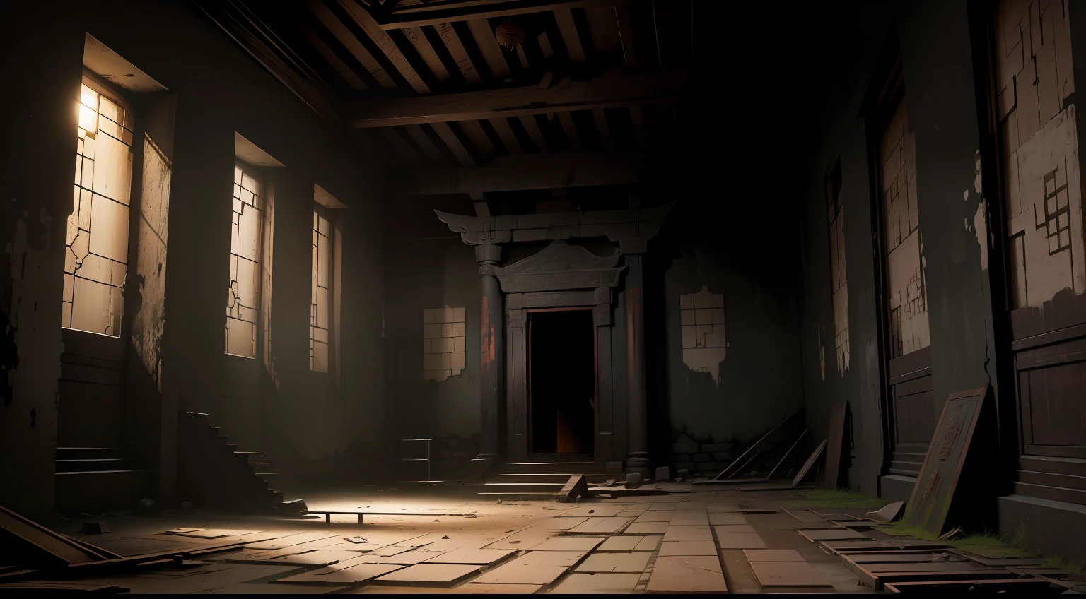It's pitch black，Dilapidated temple interior