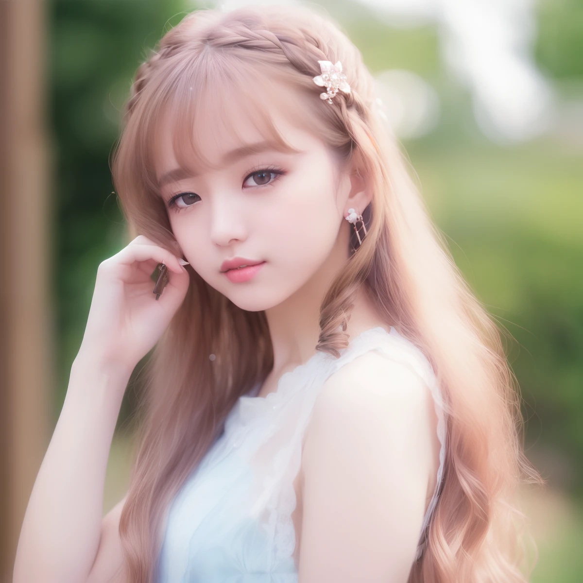 (8K、RAW Photos、top-quality、masterpiece:1.2)、(reallistic、Photorealsitic:1.37)、top-quality、超A high resolution、photon maping、Radio City、Physically Based Rendering、Blurred、foreground、depth of fields、Blurry background、a picture_\ (Curly\)、motion-blur、(brown__ (The hair), 1girll, Long, hair adornments, s lips, hair clips, 独奏, Brown eyes, nase