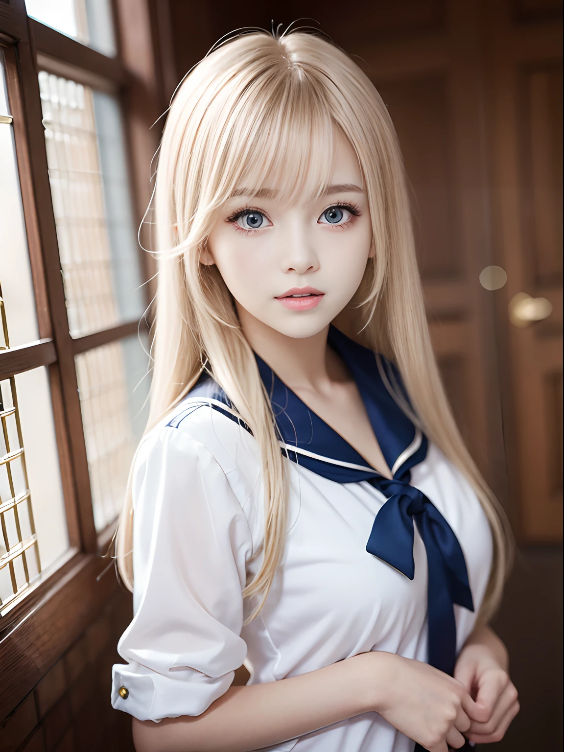 portlate、School Uniforms、bright expression、poneyTail、Young shiny shiny white shiny skin、Best Looks、Blonde reflected light、Platinum blonde hair with dazzling highlights、shiny light hair,、Super long silky straight hair、Beautiful bangs that shine、Glowing crystal clear attractive big blue eyes、Very beautiful nice cute  girl、Lush bust