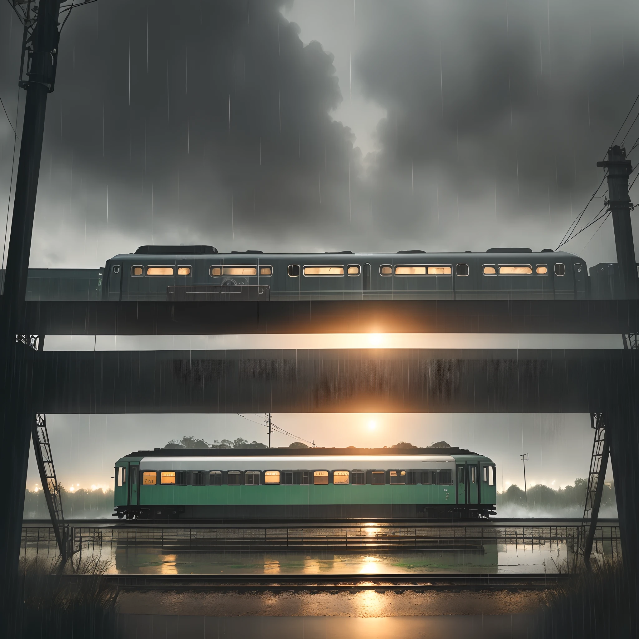 A train crossing in rain
