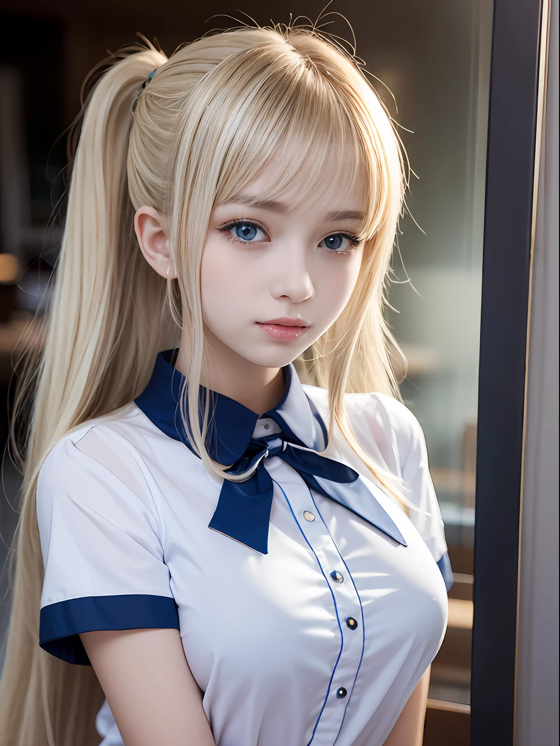 porate、School uniforms、bright expression、poneyTail、young and shiny white shiny skin、Best Looks、Gold reflects light、Platinum blonde hair，Shine brightly、Shiny light hair,、Super long silky straight hair、Beautiful bangs that shine、Big blue eyes sparkling，Like crystal clear，mesmerising、Very nice and lovely 16 year old girl、Lush bust