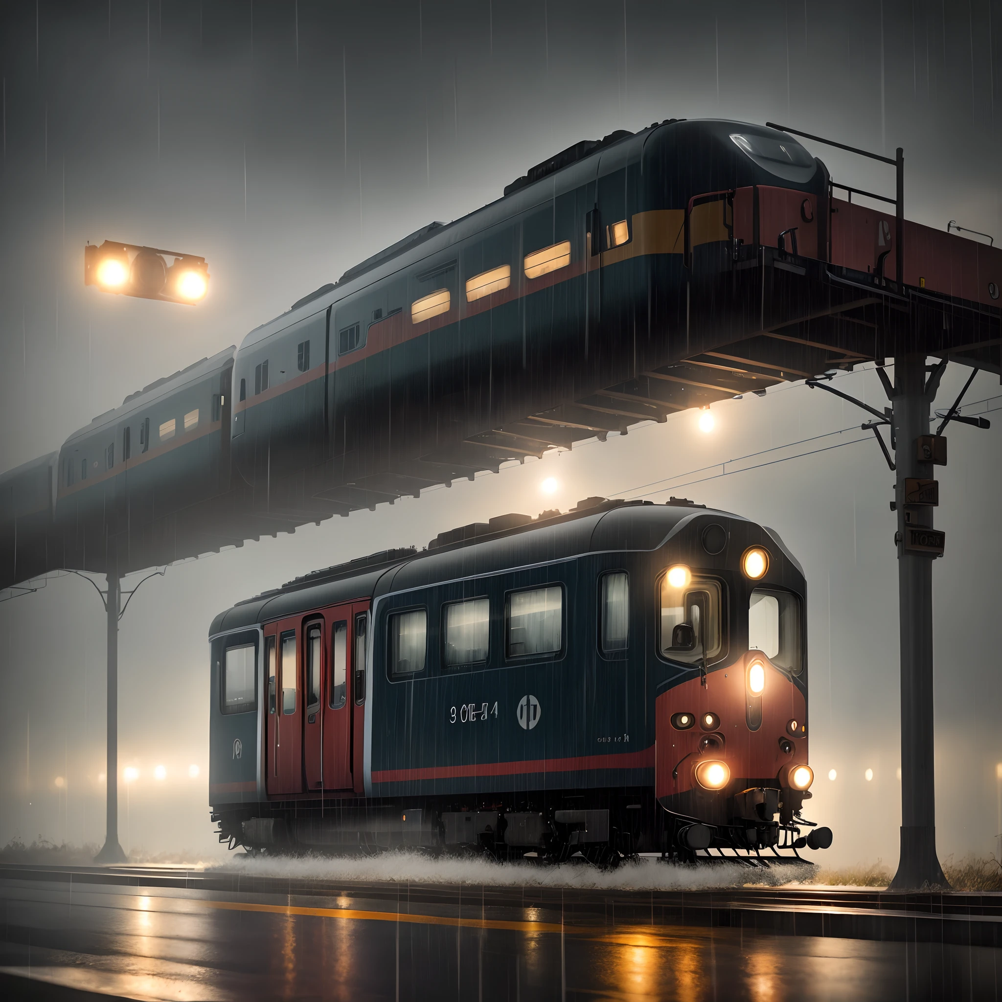 A train crossing in rain