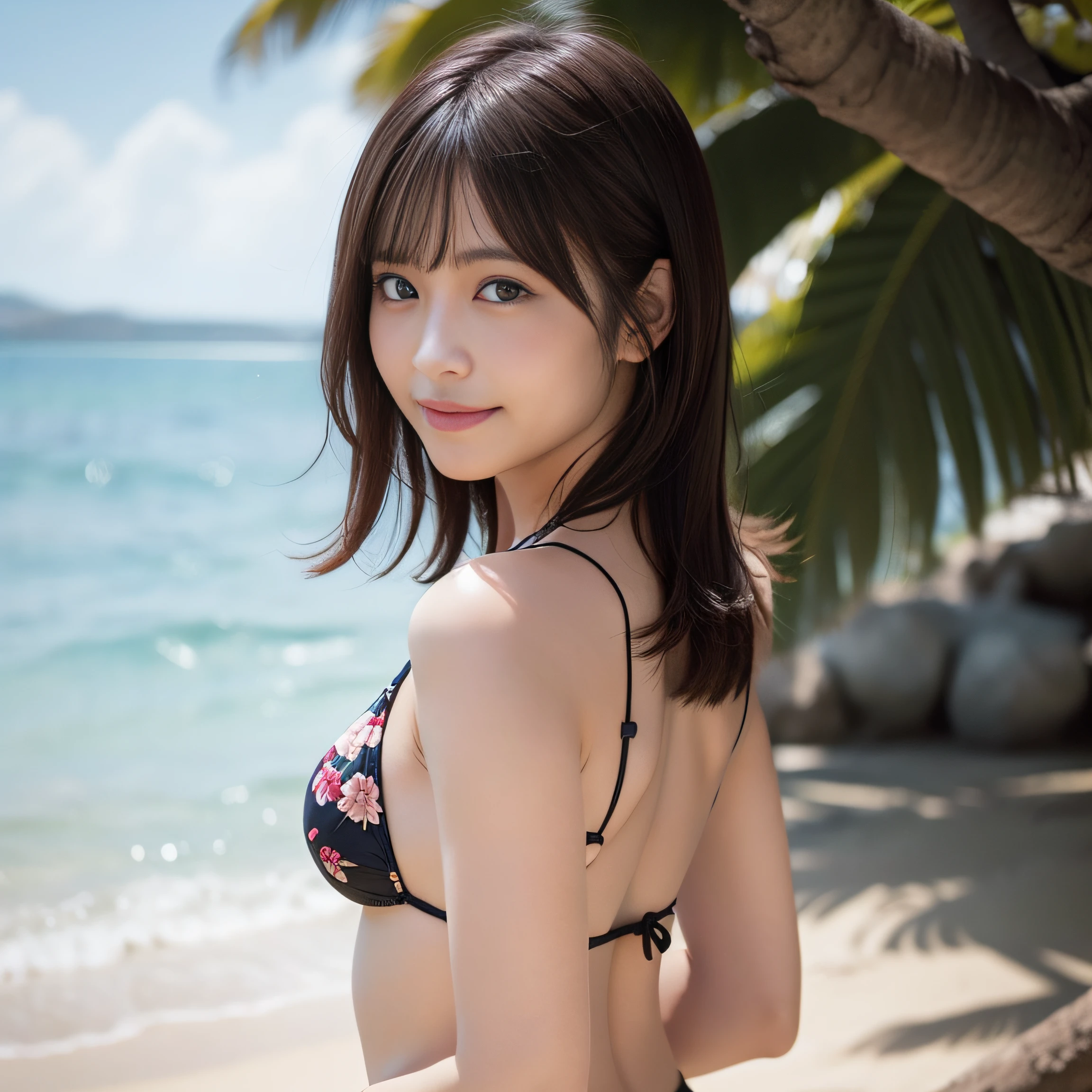 in 8K,Best Quality:1.4, 超A high resolution:1.5, (Photorealistic:1.4),masterpiece:1.2,(top-quality:1.4)、 Raw photo、 (From the knee up:1.4, From Side:0.7), (the background is blurred), sea side, sand beach, 1日本人の女の子, Cute, (Solo:1.4), (Shy smile), Smooth skin、Floral Bikini:1.3、 (Brown medium hair,Bangs), (touch hair:1.4),nogizaka,Cute swimsuit,Supple fingertips,Beautiful black eyes、natural skin textures:1.3, realistic eyes and face details:1.7、middlebreasts、Back shot:1.2、the setting sun、Gravure Pose:1.1、Toned buttocks:1.5、Hands behind the head、gazing at viewer