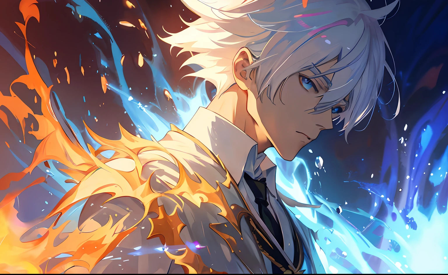 Anime characters with white hair and white hair and blue background, 4K anime wallpaper, Anime art wallpaper 4k, Anime art wallpaper 4 K, Anime wallpaper 4 k, Anime wallpaper 4K, Anime art wallpaper 8 K, 4k manga wallpapers, Best anime 4k konachan wallpaper, Detailed key anime art, handsome guy in demon killer art