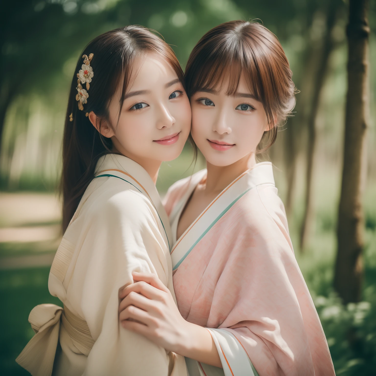 、((top-quality、8K、​masterpiece:1.3))、Raw photography、From woman to woman、embracing each other、hposing Gravure Idol、((top-quality、8K、​masterpiece:1.3))、Raw photography、kimono