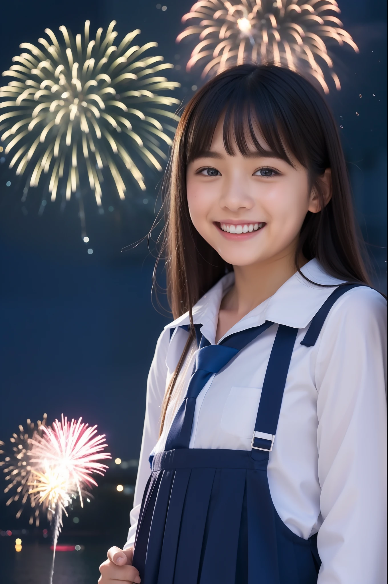 smile、high school girl、uniform、With fireworks in the background、Tokyo Sky Tree