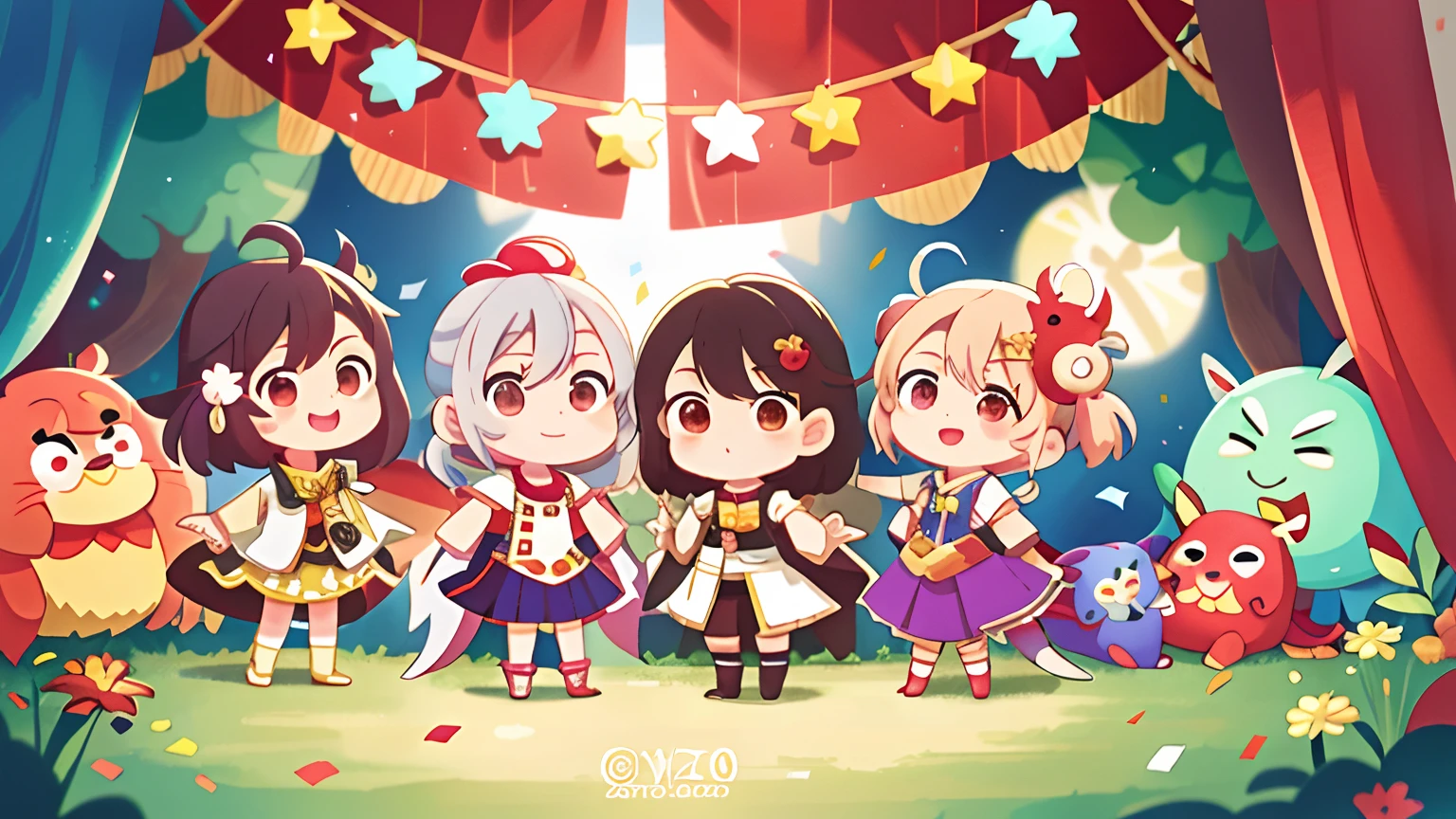 Anime characters standing in front of the stage,Holding confetti, anime party of friend of wisdom, onmyoji, trending on cgstation, heise jinyao, lovely art style, 2 0 2 0 s promotional art, Onmyoji detailed art, official fanart, High-quality fanart, trending at cgstation, 🍁 Cute, Anime moe art style, Stylized anime