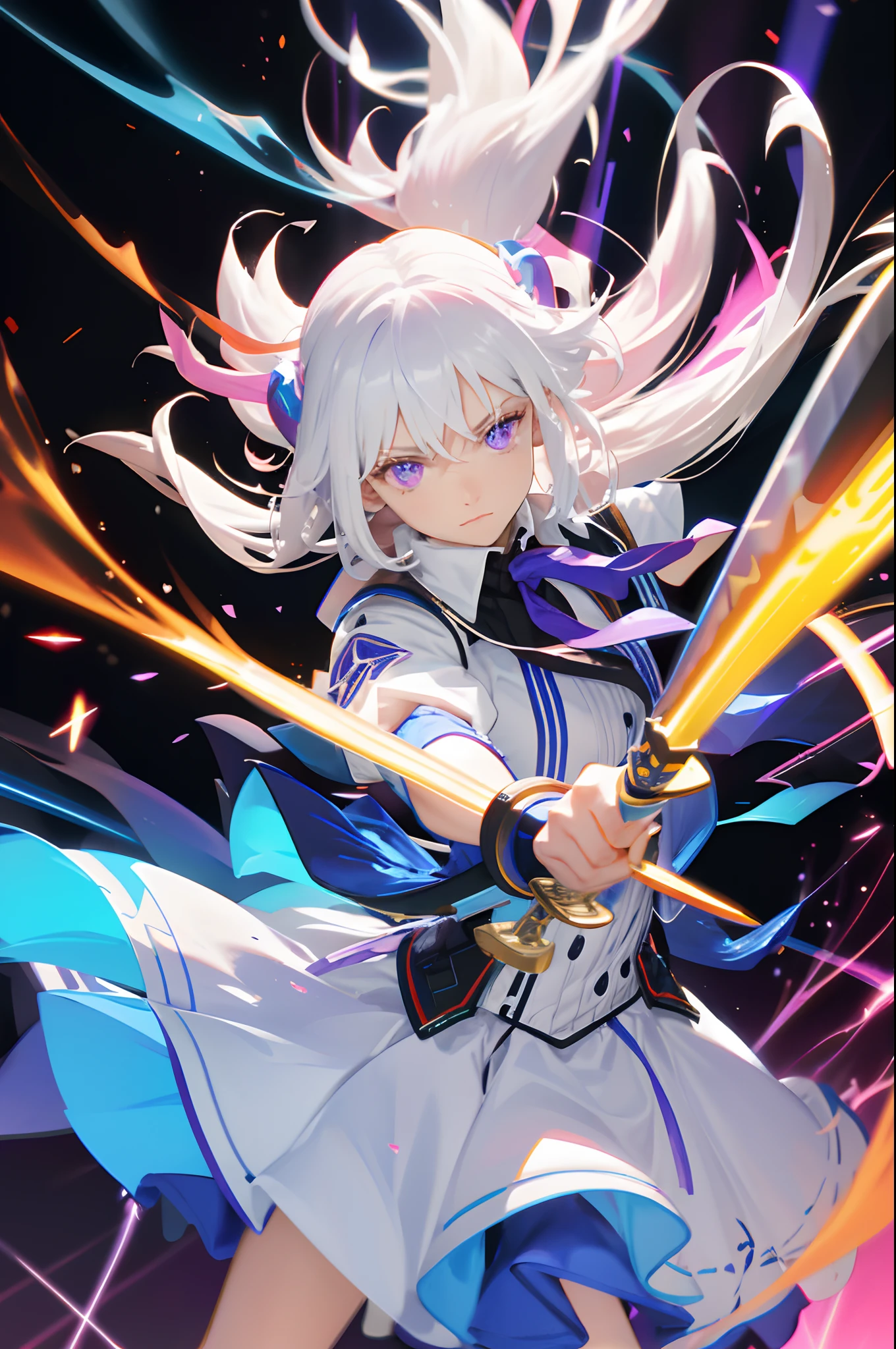 colorful, 1girl, white hair, purple eyes, dual wielding, sword, holding sword, blue flames, glow, glowing weapon, light particles, wallpaper, chromatic aberration,