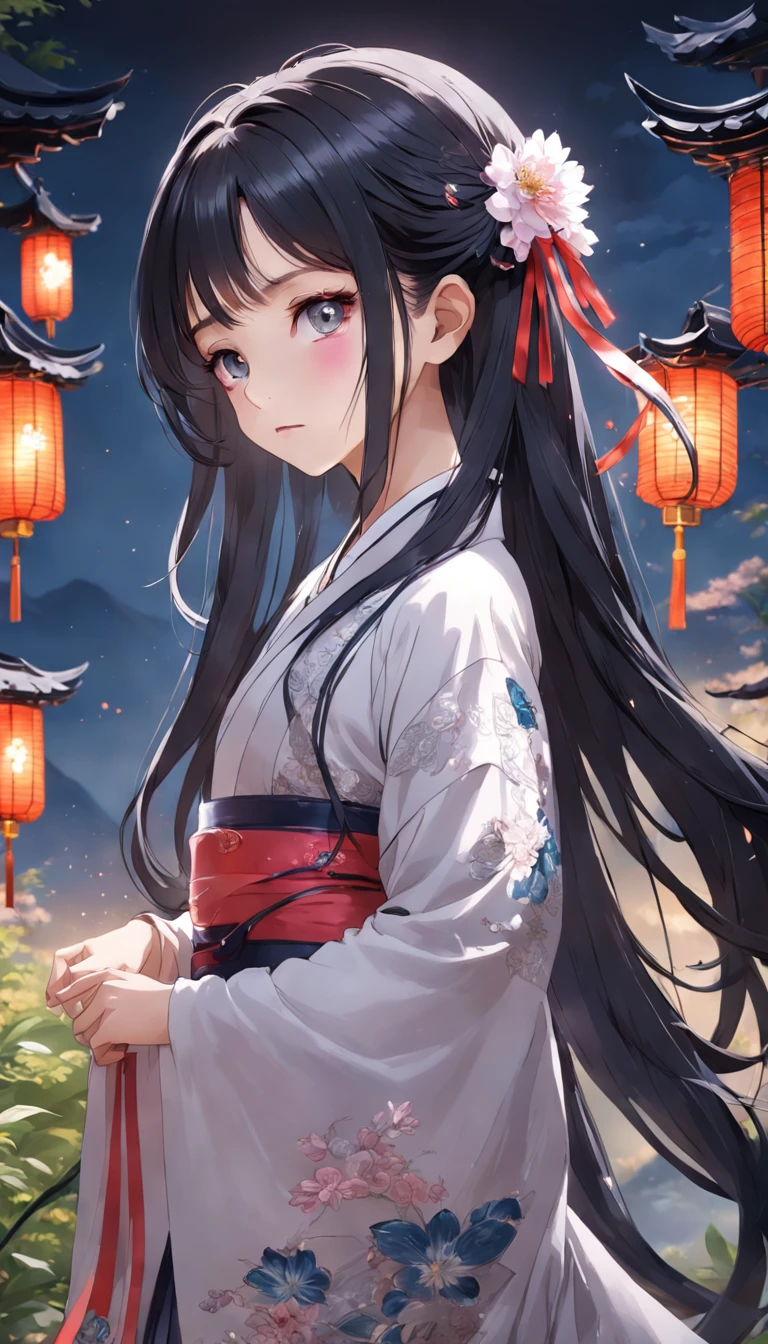 (little girl:1.5),lace,ribbon,hanfu,(masterpiece, sidelighting, finely detailed beautiful gray eyes: 1.2), masterpiece, realistic, glowing eyes,shiny hair,black hair,long long hair, lustrous skin, solo, embarassed,Strapless,exquisite,beautifly,garden,flowers,flying petals,