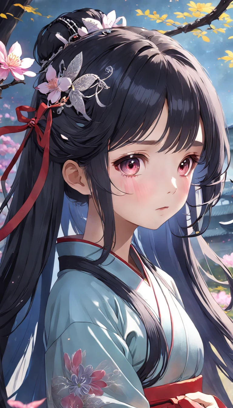 (little girl:1.5),lace,ribbon,hanfu,(masterpiece, sidelighting, finely detailed beautiful gray eyes: 1.2), masterpiece, realistic, glowing eyes,shiny hair,black hair,long long hair, lustrous skin, solo, embarassed,Strapless,exquisite,beautifly,garden,flowers,flying petals,