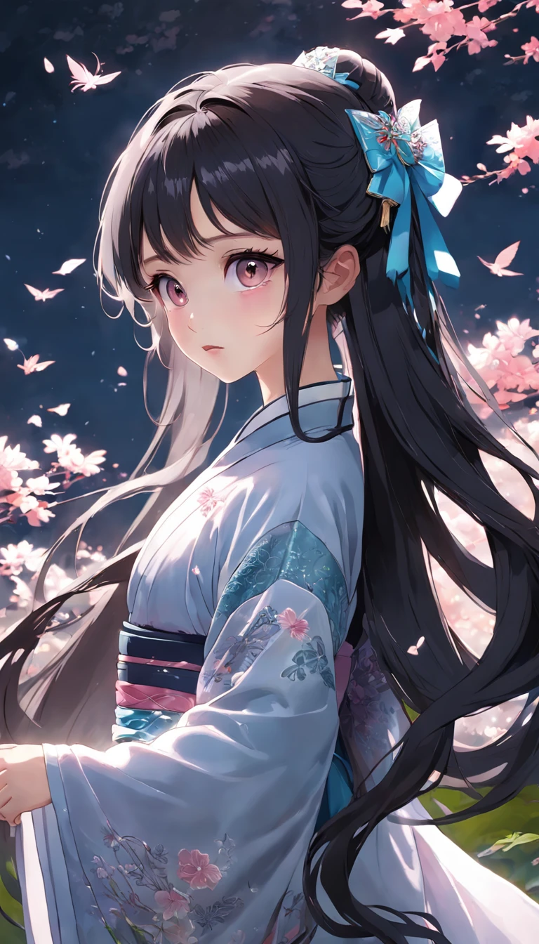 (little girl:1.5),lace,ribbon,hanfu,(masterpiece, sidelighting, finely detailed beautiful gray eyes: 1.2), masterpiece, realistic, glowing eyes,shiny hair,black hair,long long hair, lustrous skin, solo, embarassed,Strapless,exquisite,beautifly,garden,flowers,flying petals,