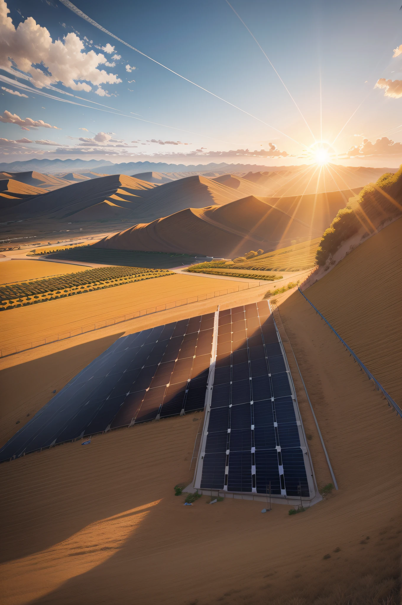 Photo realistic illustration of large solar farm on barren grassland，Rows of dark monocrystalline silicon solar panels are shown set on the plain，The power cord and inverter are connected to the battery panel，Reflecting blue skies and clouds，Sunlight casts light on the panels，Generate an energy beam flowing into the wire，Goats graze under solar panels，In the background is the rolling yellow grass mountains，Fluffy clouds drift by in the brilliant sun，Depicts a huge solar photovoltaic power generation scene。grass field