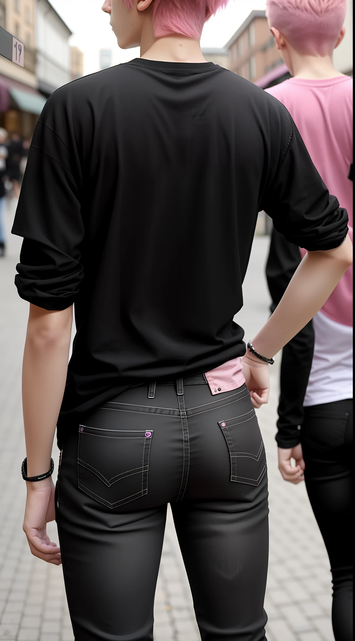 A pink-haired -yeld boear black skinny jeans,(Back photo:10.5),Thin, close up to a skinny, Pink shirt, Male teenager,Street photography