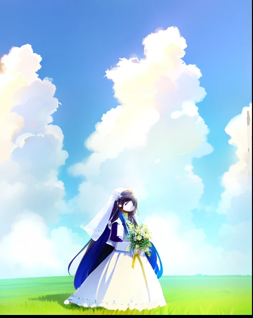 Long-haired girl,white wedding gown,grassy fields,blue-sky,One guy