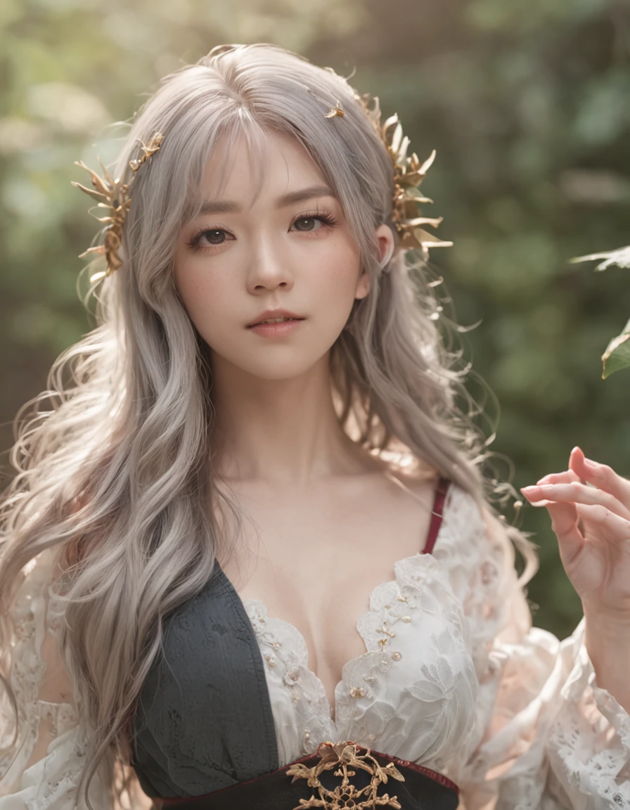 (Best quality), Oriental detailed background,, ((Masterpiece)), (((Best quality))), ((Ultra-detailed)), ((Disheveled hair)), (1 girl), (Solo), (Beautiful white young beauty), Korean Idol, (Whole body), Dynamic Angle, Beautiful detailed eyes, hairs between eyes, (Small head), (Cannon EOS 5D MARK III, 50mm Sigma f/1.4 ZEISS lens, F1.4, 1/800s, ISO 100:1), NSFW, Masterpiece, Best quality, Asymmetrical bangs, hair behind ear, hair over one eyebrow, Delicate facial features,1girll, White hair, Red bridge hair, Eromanga, urban_fantasy, Alchemist,, ((Cinematic light)), Ultra detailed, Best quality, absurderes, high resolution, (Extremely detailed 8k wallpaper), ((Exquisite and beautiful)), Pisif, ultra - detailed, Best Anatomy, illustration, No Man, (((Masterpiece))), ((A high resolution)), ((High quality)), (Intricate details), (fantasy), Detailed forest, (Colorful various leaves), ((Rainbow)), (Liquid), Best shadow, Sunlight, hollow, Colorful, Pink petals, Gold leaves, (Blue leaves), Lens flare, Pastel color