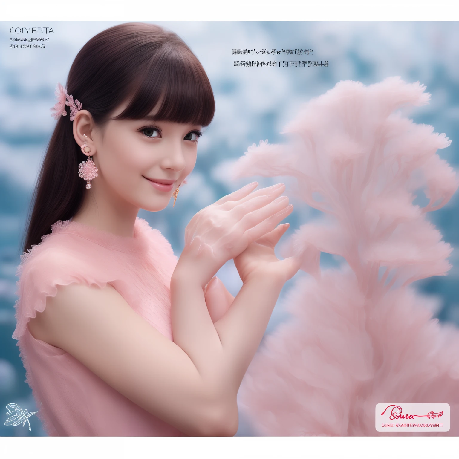 Best Quality,  Very cute and gentle girl, (Lori), (Solo:1.2), (Pink detailed fishtail dress with many frills), Beautiful symmetrical gentle eyes, Tear bag,(beautiful and detailed face), Beautiful long black hair, Blunt bangs, Smile, (ocean floor, reefs:1.3), (Photorealistic:1.5)Simple Negative, (low-quality, low-quality, worst quality:1.3), bad finger, Bad anatomy, Missing fingers, (Extra fingers, deformed hands, Polydactyl:1.5), (Text, Username, comic cover, Logo, DVD Package, signature:1.2), (earrings:1.3)