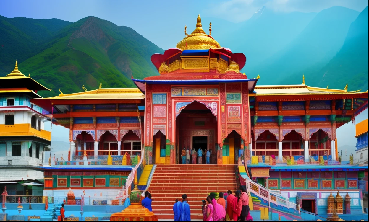arafed temple in india with people standing outside and a mountain in the background, indian temple, temple, uttarakhand, tourist destination, colour, ( visually stunning, a beautiful, beautiful image, a temple, breathtaking look, temple background, an beautiful, with colourful intricate, face, holy place, full of colors and rich detail, hindu temple in background