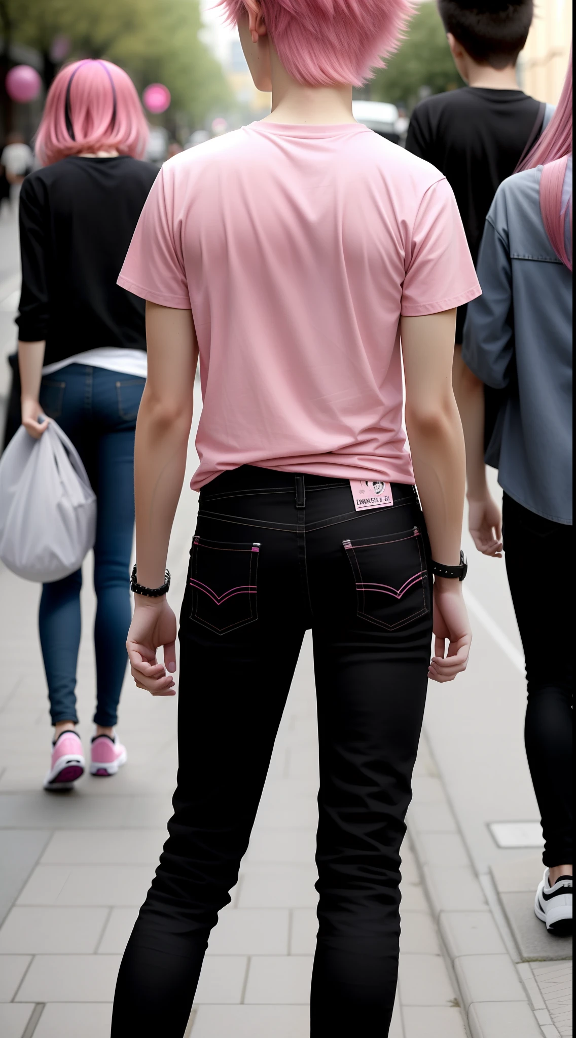 A pink-haired 17-year-old boy，Wear black skinny jeans,（Back photo：10.5），Thin, close up to a skinny, Pink shirt, Male teenager,Street photography
