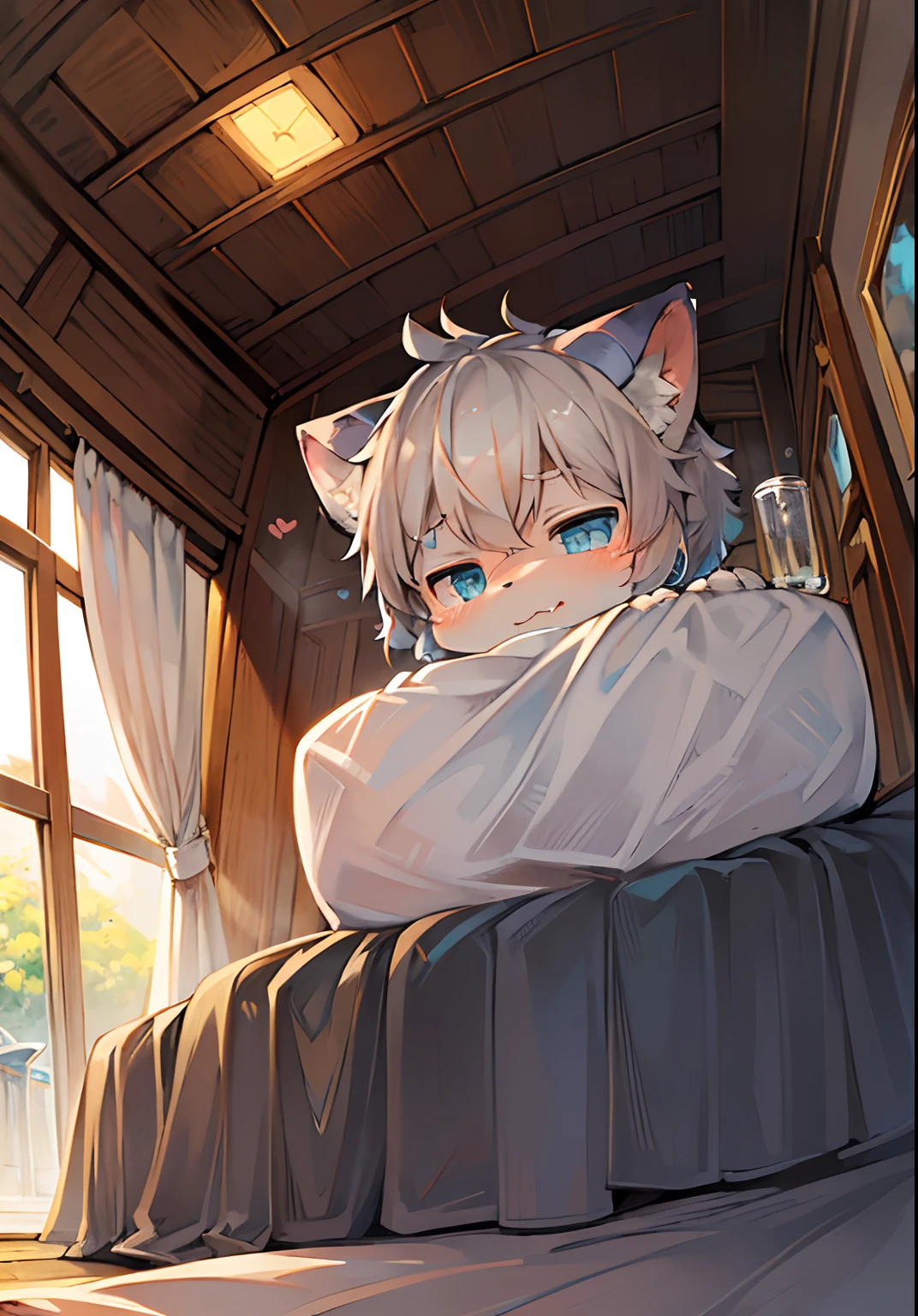 Masterpiece,High quality,abstract res,Digital painting\(artwork of a\), by Dagasi, Yupa,Kiyosan,(anthro,Fluffy fur,Character focus:1.1),anthro male cat,Short hair,Portrait , eyes with brightness, in a panoramic view, Character focus.(detailedbackground:0.7), 独奏, shaggy, shaggy male, malefocus, anthr,(Full Body Furry, Fluffy tail, White fur, Ice blue eyes, Gray hair、Ice blue meat pad:1.2), (felid、Briefs、get down on the bed、Elevate your ass:1.2),(interiors、In the daytime、inns:1.1)
