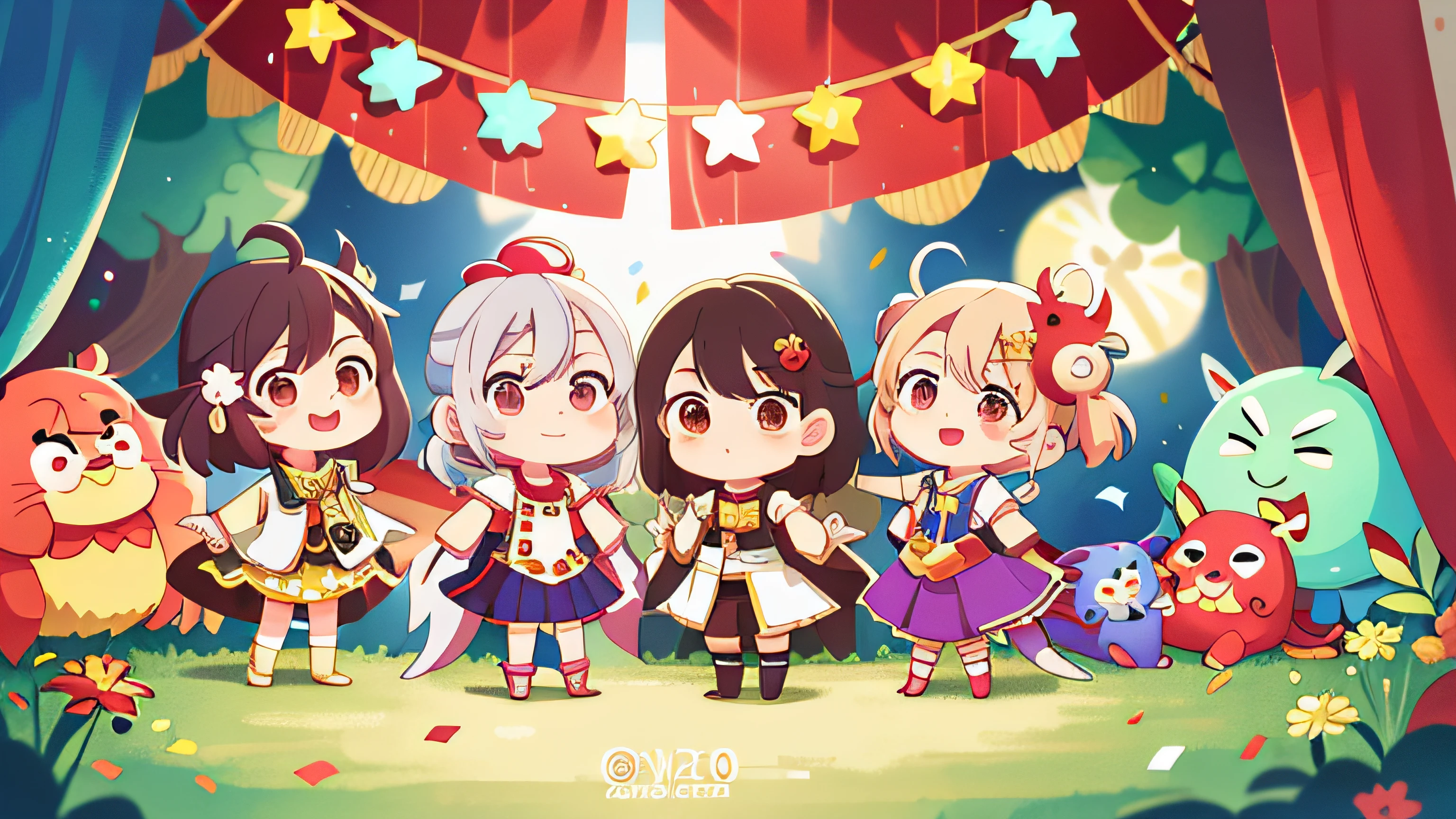 Anime characters standing in front of the stage,Holding confetti, anime party of friend of wisdom, onmyoji, trending on cgstation, heise jinyao, lovely art style, 2 0 2 0 s promotional art, Onmyoji detailed art, official fanart, High-quality fanart, trending at cgstation, 🍁 Cute, Anime moe art style, Stylized anime
