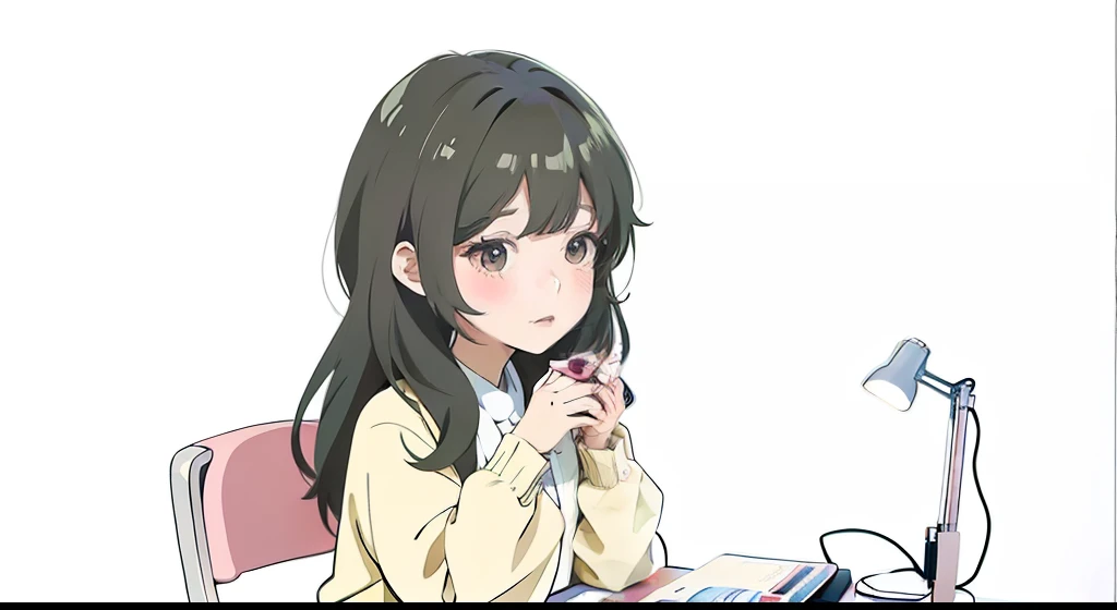 Anime girl sitting at desk，Mobile phone in hand, An anime girl, Cute anime girl, anime visual of a cute girl, anime moe art style, lofi-girl, anime lover, Anime girl, up of young anime girl, Cute anime, High Quality Anime Art Style, Digital anime illustration, ig studios anime style, in an anime style, lovely art style