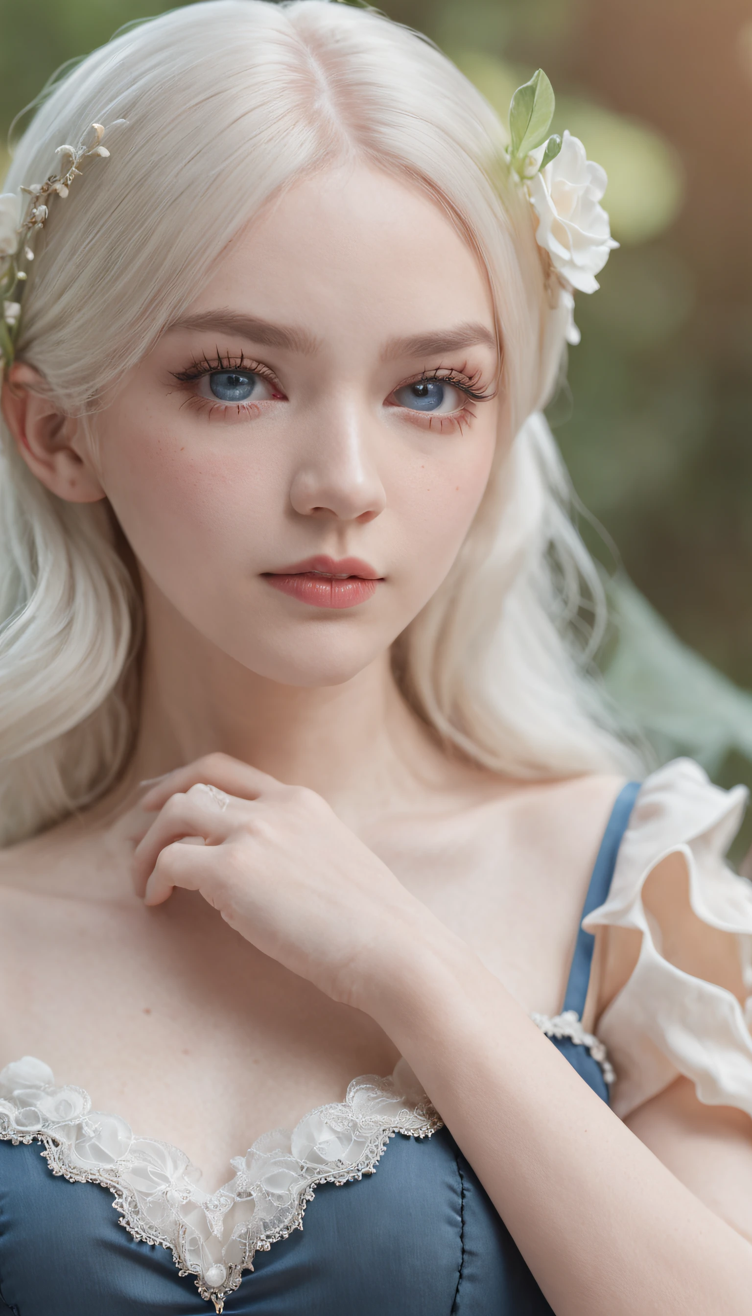 8k, 85mm, official art, raw photo, absurdres, platinum blonde hair, (blue eyes, lolita fashion, sweetlolita, gothic, dress:1.2), idol face, upper body, beautiful girl, gardeniass, short sleeve, elegance, sophisticated, gardenia, looking at viewer, film grain, chromatic aberration, sharp focus, facelight, dynamic lighting, cinematic lighting, detailed face, bokeh background