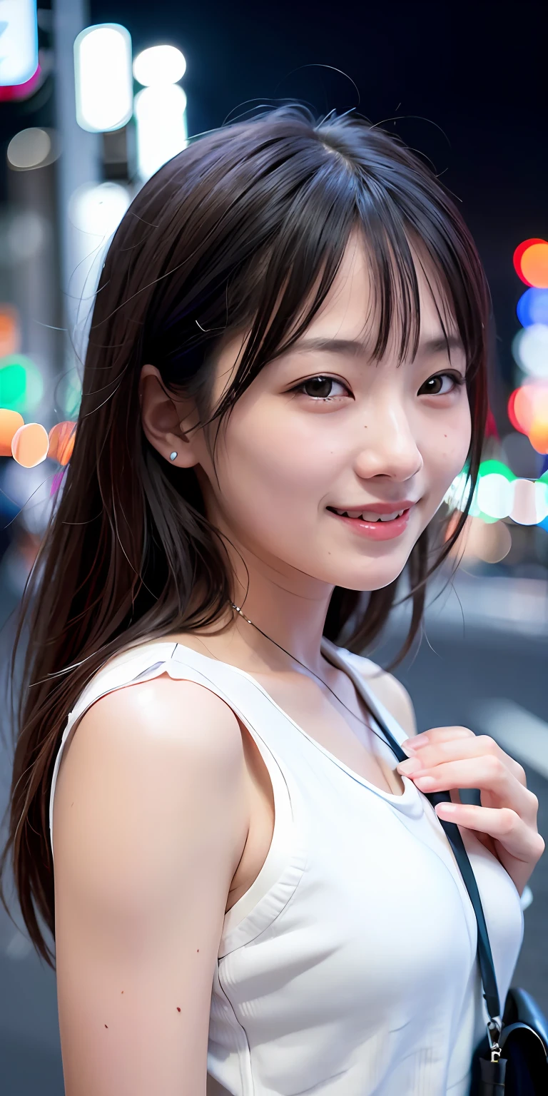 1girl, Tokyo street,night, cityscape,city lights,upper body,close-up,smile,, (8k, RAW photo, best quality, masterpiece:1.2),(realistic, photo-realistic:1.37),