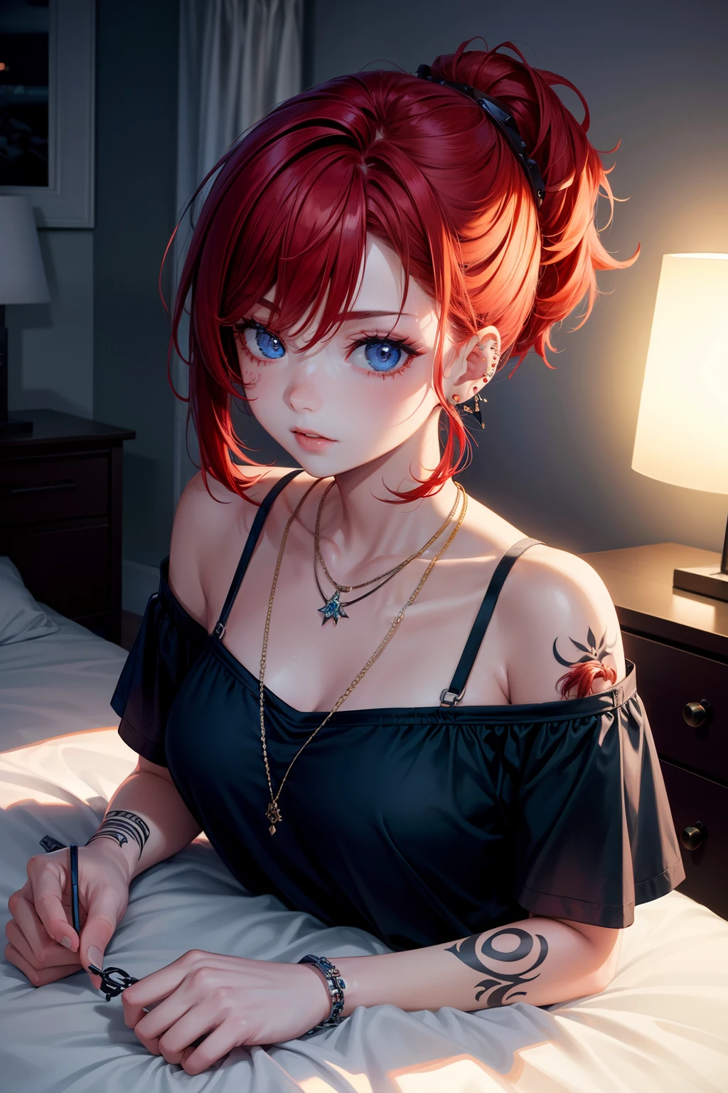 1 girl, solo, only one girl ,Short hair, red hair, short ponytail, blue eyes, lay on the bed, necklace, piercings, hand tattoo, mattress, sleeping t-shirt, Bed, night, night light , bedrooms , Medium chest