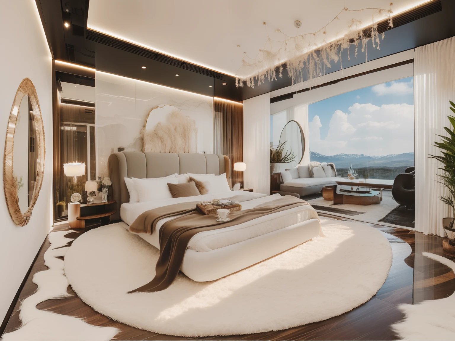 (spectacular landscape:1.1), best quality, super detail,(best quality:1.2, super detail:1.1, inspirational landscape:1.1), best quality, prime detail,  super detailed, ((best lighting, modern bedroom :1.2)) ,with white curtains, remove carpet, brown wooden floor,  ( glass, solid breck 0,75), ((fur rug:1.3))