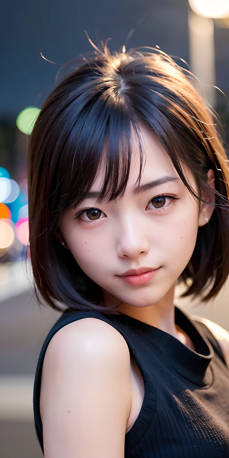 1 Girl, Tokyo Street,night, Streetscape,City lights,Upper Body,close,smile,, (8K, Raw photo, highest quality, masterpiece:1.2),(Realistic, photo-Realistic:1.37),