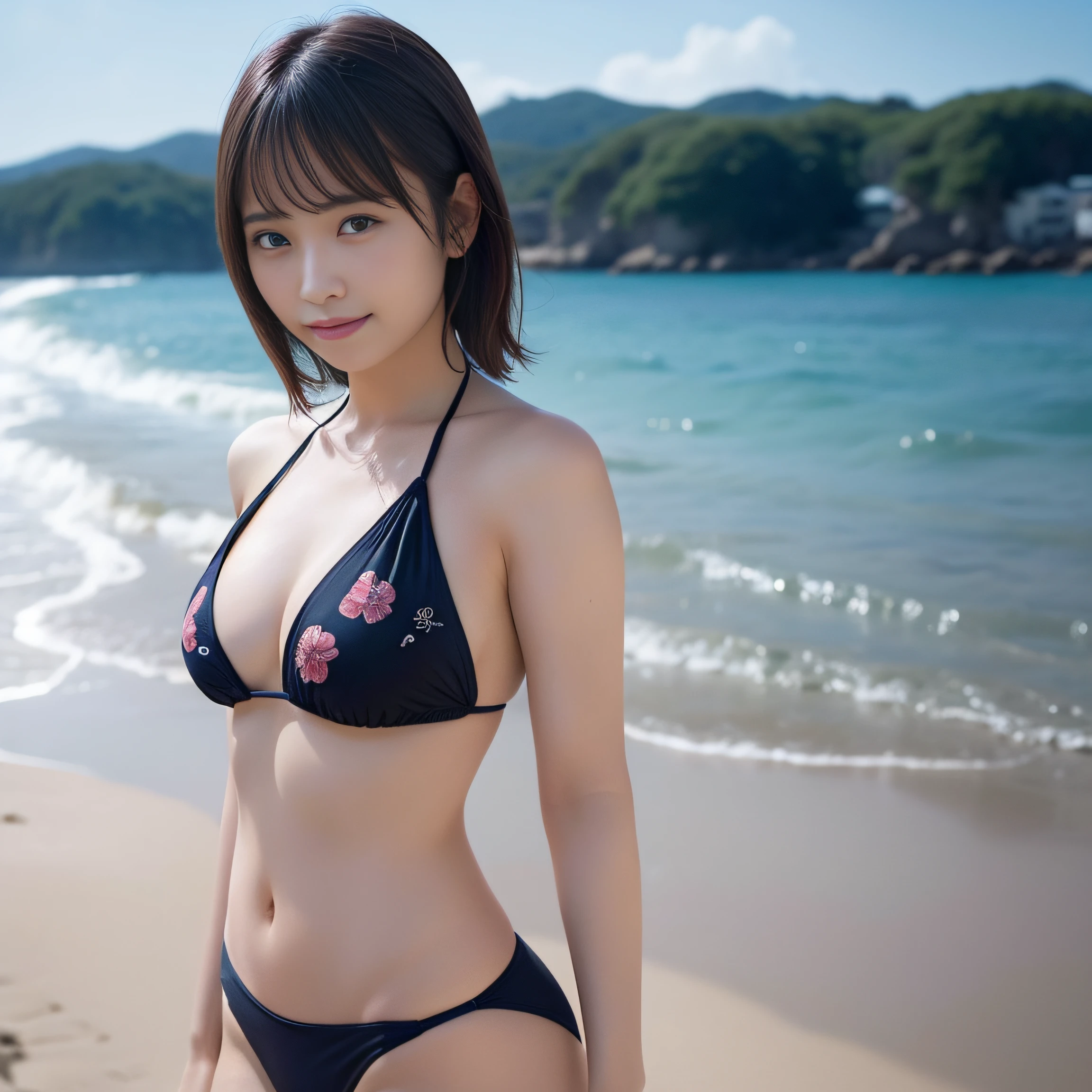 in 8K,Best Quality:1.4, 超A high resolution:1.5, (Photorealistic:1.4),masterpiece:1.2,(top-quality:1.4)、 Raw photo、 (From the knee up:1.4, From Side:0.7), (the background is blurred), sea side, sand beach, 1日本人の女の子, Cute, (Solo:1.4), (Shy smile), Smooth skin、Floral Bikini:1.3、 (Brown medium hair,Bangs), (touch hair:1.4),nogizaka,Cute swimsuit,Supple fingertips,Beautiful black eyes、natural skin textures:1.3, realistic eyes and face details:1.7、middlebreasts、Back shot:1.2、the setting sun、Gravure Pose:1.1、Toned buttocks:1.5、Hands behind the head、gazing at viewer
