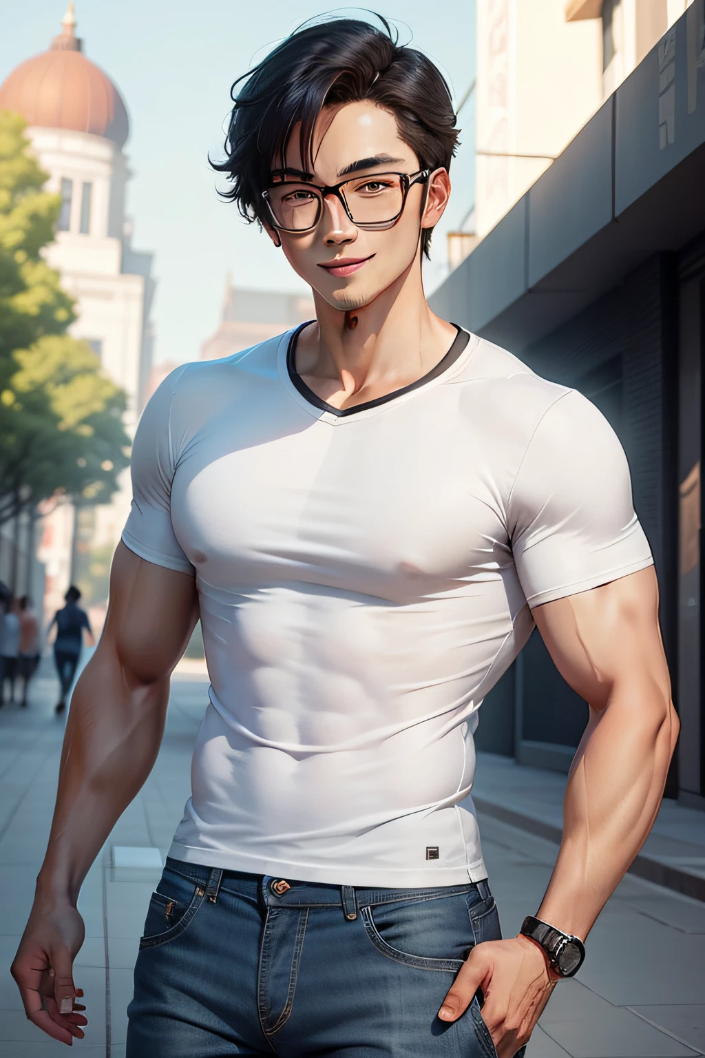 The male protagonist Li Ming is wearing a white T-shirt and jeans,Wearing a pair of black glasses,The smile is bright,Looks sunny and handsome