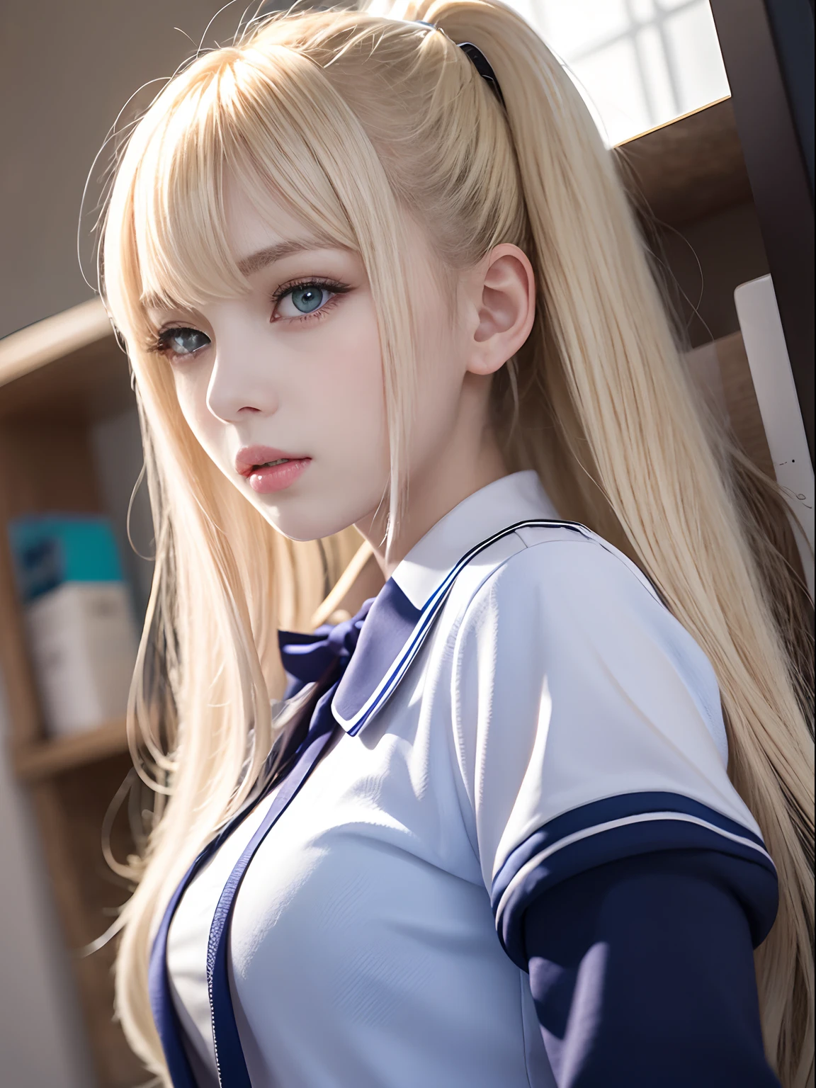 portlate、School Uniforms、bright expression、poneyTail、Young shiny shiny white shiny skin、Best Looks、Blonde reflected light、Platinum blonde hair with dazzling highlights、shiny light hair,、Super long silky straight hair、Beautiful bangs that shine、Glowing crystal clear attractive big blue eyes、Very beautiful nice cute 16 year old girl、Lush bust