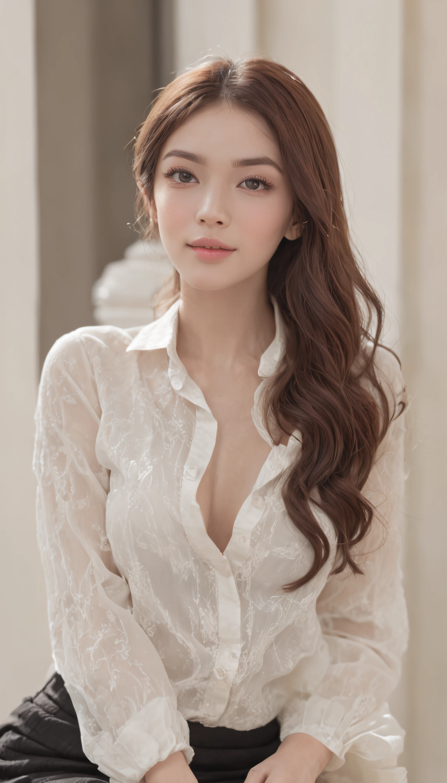 best qualtiy,tmasterpiece,超高分辨率,(photorealestic),(realisticlying:1.4),RAW photogr,1girll,(Full body photo,inside in room,sit on chair,legs crossed),good-looking face,slim,dignified,Small Fresh,(White color blouse,black short skirt),ssmile,cabelos preto e longos,Beautiful hair accessories,Beautiful teenage girl,Detailed scenes, Beautiful digital illustration, the detail,Hyper-detailed, Cinematic quality, (Beauty and aesthetics,big breasts beautiful),correct hand,anatomy correct, ((from below))