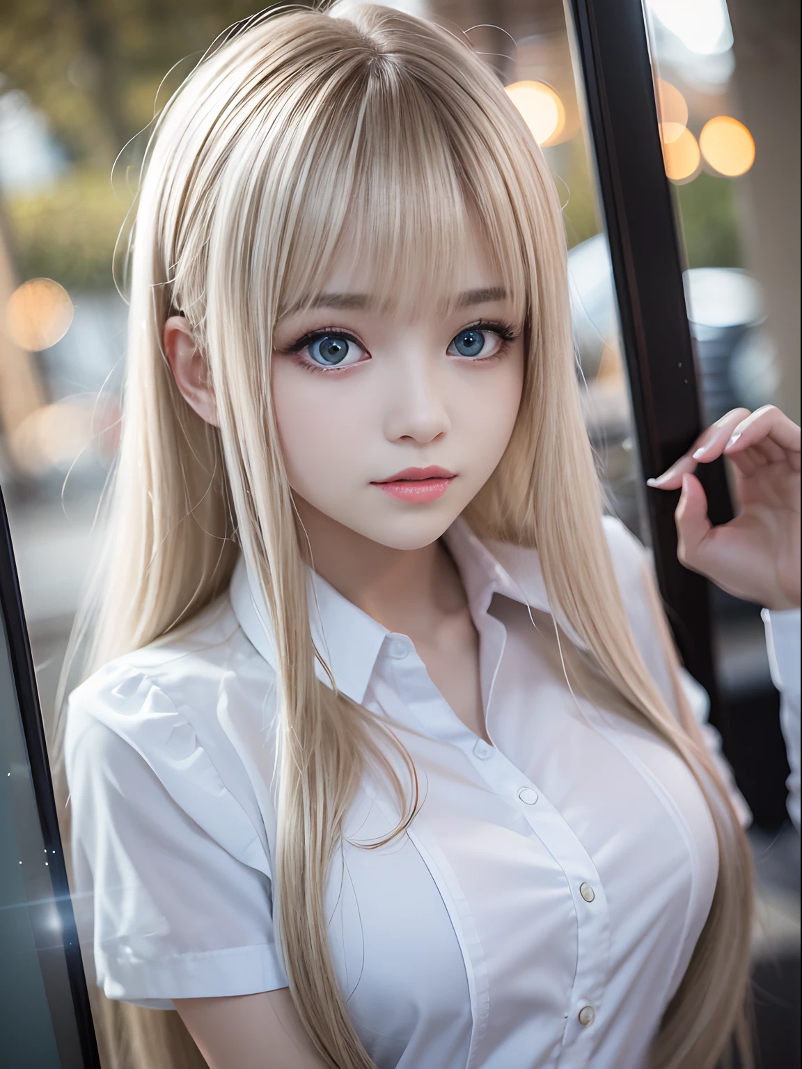 portlate、School Uniforms、bright expression、Young shiny shiny white shiny skin、Best Looks、Blonde reflected light、Platinum blonde hair with dazzling highlights、shiny light hair,、Super long silky straight hair、Beautiful bangs that shine、Glowing crystal clear attractive big blue eyes、Very beautiful nice cute 16 year old girl、Lush bust、