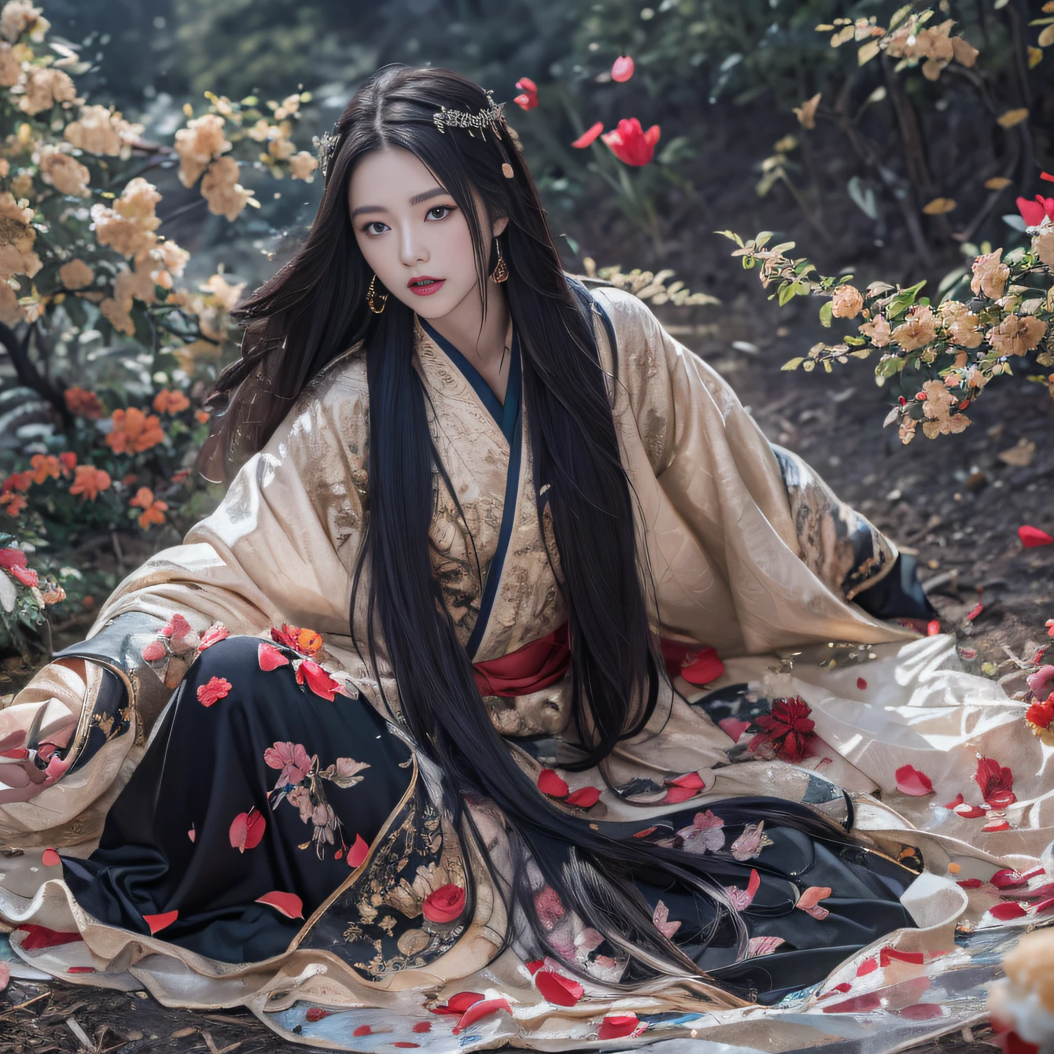 32K（tmasterpiece，k hd，hyper HD，32K）Long flowing black hair，Rockery，zydink， a color，  Xuzhou people （Seduce girls）， （Red scarf in the snow）， jumping posture， looking at the ground， long whitr hair， Floating hair， Carp pattern headdress， Chinese long-sleeved silver battle robe， （Abstract gouache splash：1.2）， Pink petal background，Tulips flying（realisticlying：1.4），Black color hair，Fallen leaves flutter，The background is pure， A high resolution， the detail， RAW photogr， Sharp Re， Nikon D850 Film Stock Photo by Jefferies Lee 4 Kodak Portra 400 Camera F1.6 shots, Rich colors, ultra-realistic vivid textures, Dramatic lighting, Unreal Engine Art Station Trend, cinestir 800，Long flowing black hair，Transparent robe clothing