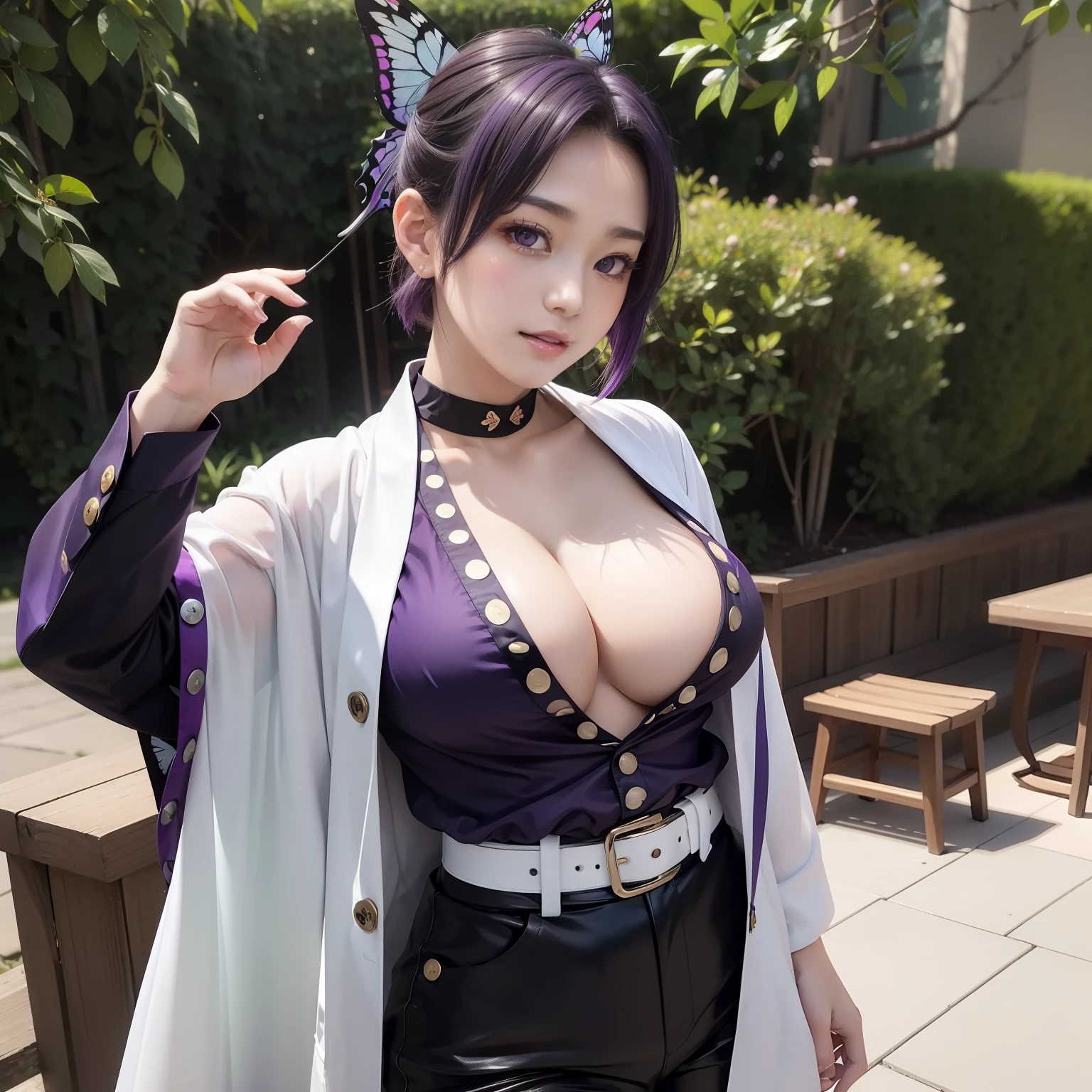 Masterpiece, photorealistic, seductive pose, butterfly, kochou shinobu, 1 girl, white kimono with exposed breasts, exposed breast, big breast, exposed nipple, beautiful nipple, black shirt and pants, white belt, hair butterfly brooch butterfly, black hair with purple tips, purple eyes, beautiful face, pretty face, expressive eyes, cute smile, kochou shinobu, butterfly hair ornament, purple eyes, multi-colored hair, short hair, black jacket with buttons open, cleavage, showing breasts.