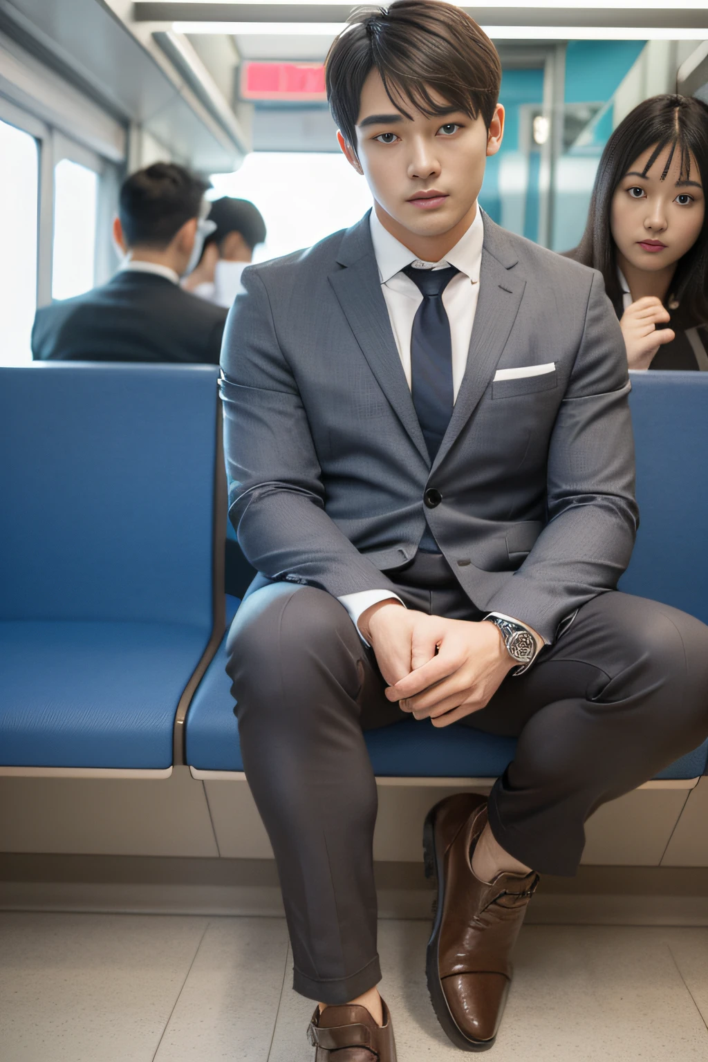 top-quality、masterpiece、超A high resolution、(realisitic:1.4)、详细的脸、独奏、1human male、Dark hair、glistning skin、dense skin、(asian human)、architectural、(absurderes、hight resolution、ultra-detailliert)、、1 male、Adults、(20-year-old man)、a handsome、tall muscular man、broad shoulder、extra very short hair、angular jaws、thick neck、thick eyebrow、extra very short hair、A dark-haired、fine eyes and detailed face、 Highly detailed CG Unity 8K wallpapers、intricate-detail、(Style Swirl Magic:0.7)、looking at the spectator、独奏、(full body Esbian:0.6)、细致背景、A detailed face、dynamicposes、、Urban background、dynamic compositions、 big muscle、、((((Crotch bulge))))、a handsome、 ((masutepiece:1.4, Best Quality)), ((masutepiece, Best Quality)), (photographrealistic:1.4)、(((Wearing a suit)))、Sitting on the train、Face-to-face angle,(Angle from below),Sitting in a train seat,Sitting at the front,Zoom camera in the crotch,Feet are on the floor of the train,full body Esbian,Looking down and sleepy,Watching the viewer only」、Beautiful dream landscape、((Maybe for me))、((japanese male))、from back view、posterior view、buttock、Big butt、