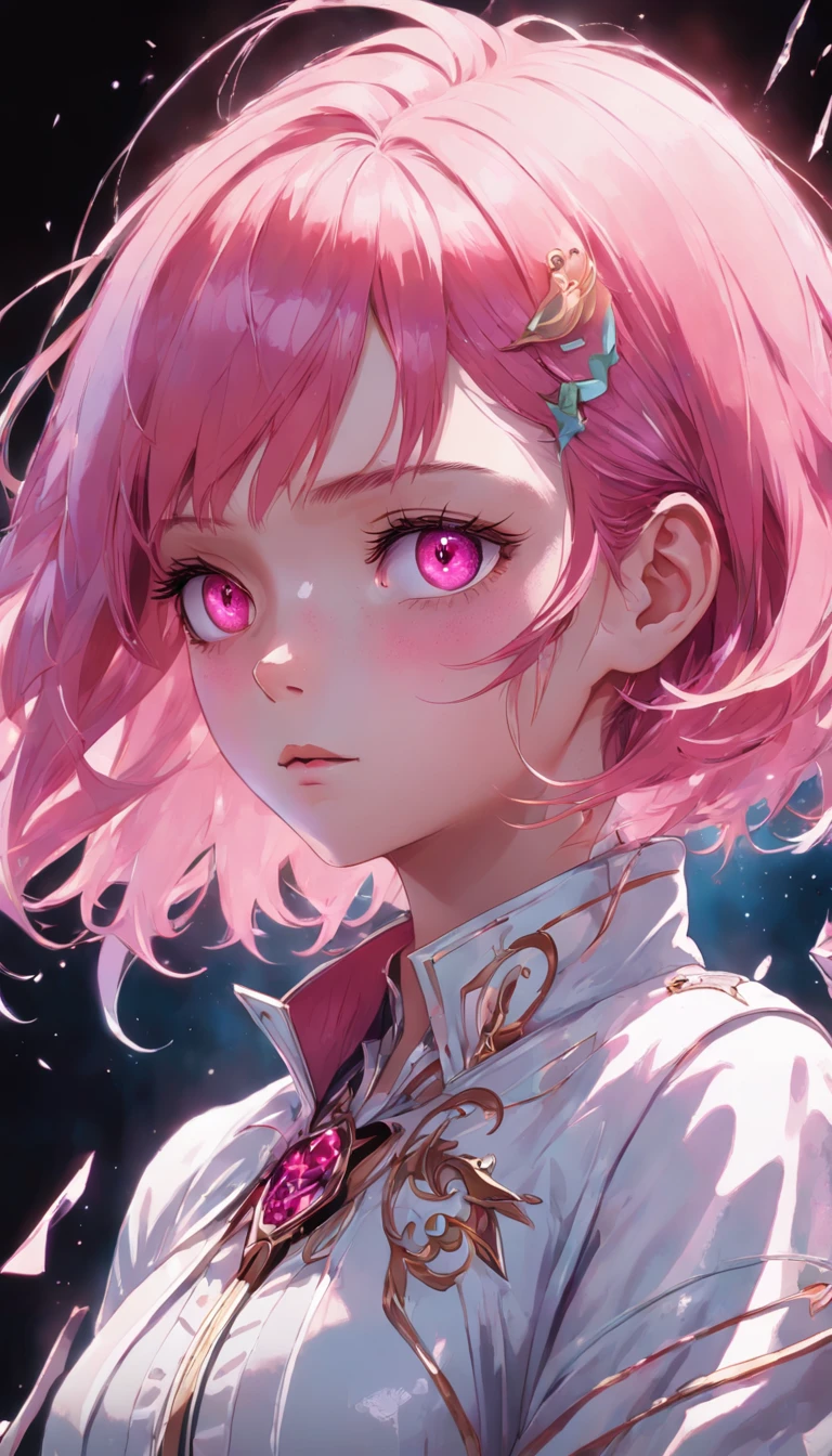 (Masterpiece, Best Quality, Ultra Detail, Best Shadow), (White Background), (Beautiful Detail Face), High Contrast, (Best Lighting, Extremely Delicate and Beautiful), (Cinematic Light)), Bright Colors, Hyperdetail, Intricate Detail, Standing Painting (1 Girl, Solo, Front, Pink Hair, Sharp Face, Short Hair, Fluorescent Long Coat (Broken Glass), Frock Costume, Red Eyes, Hair Between Eyes), Shimmer Swirling Around Characters, Purple Light Particles, Magic Circle, Cyberpunk Style