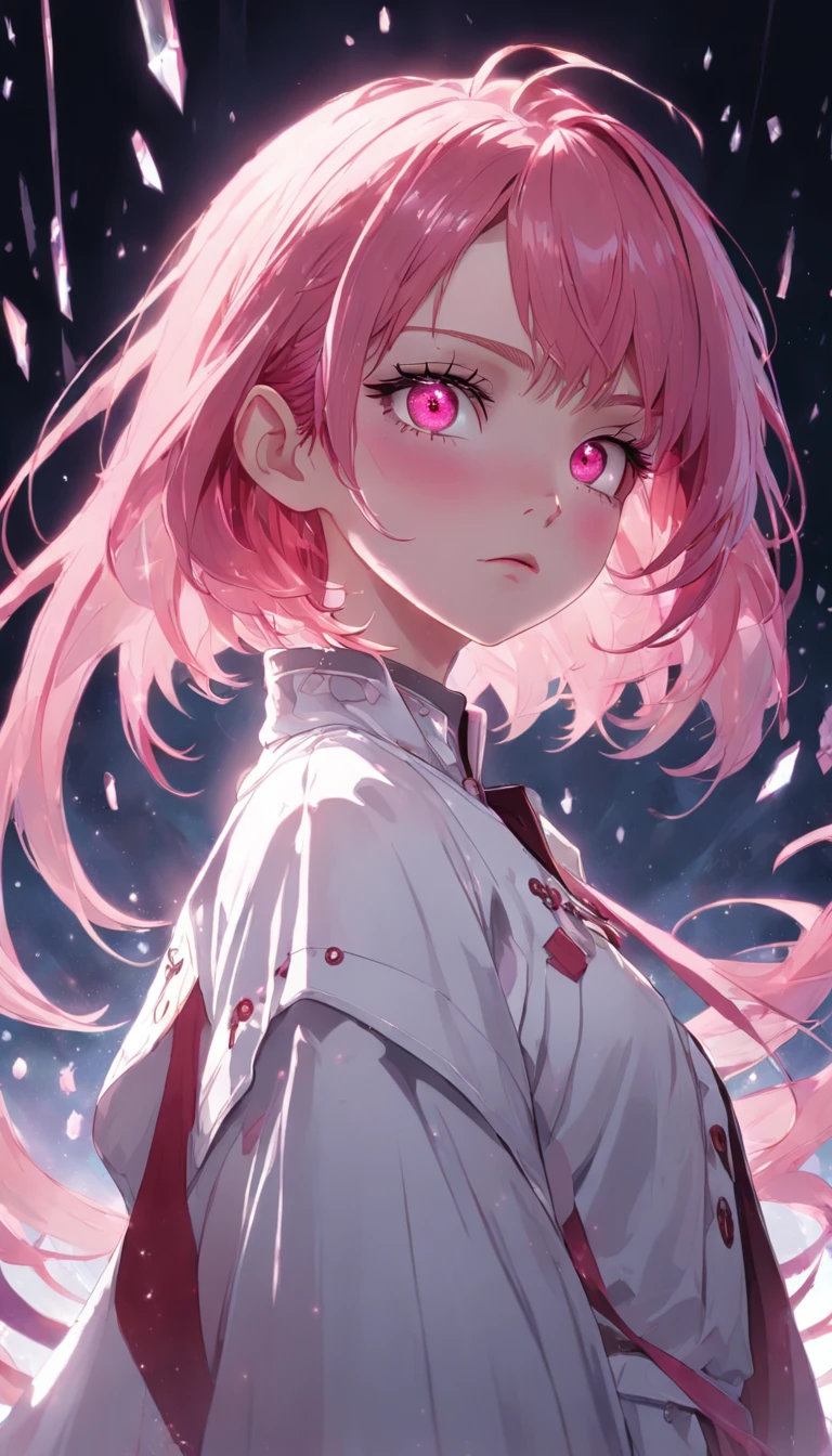 (Masterpiece, Best Quality, Ultra Detail, Best Shadow), (White Background), (Beautiful Detail Face), High Contrast, (Best Lighting, Extremely Delicate and Beautiful), (Cinematic Light)), Bright Colors, Hyperdetail, Intricate Detail, Standing Painting (1 Girl, Solo, Front, Pink Hair, Sharp Face, Short Hair, Fluorescent Long Coat (Broken Glass), Frock Costume, Red Eyes, Hair Between Eyes), Shimmer Swirling Around Characters, Purple Light Particles, Magic Circle, Cyberpunk Style