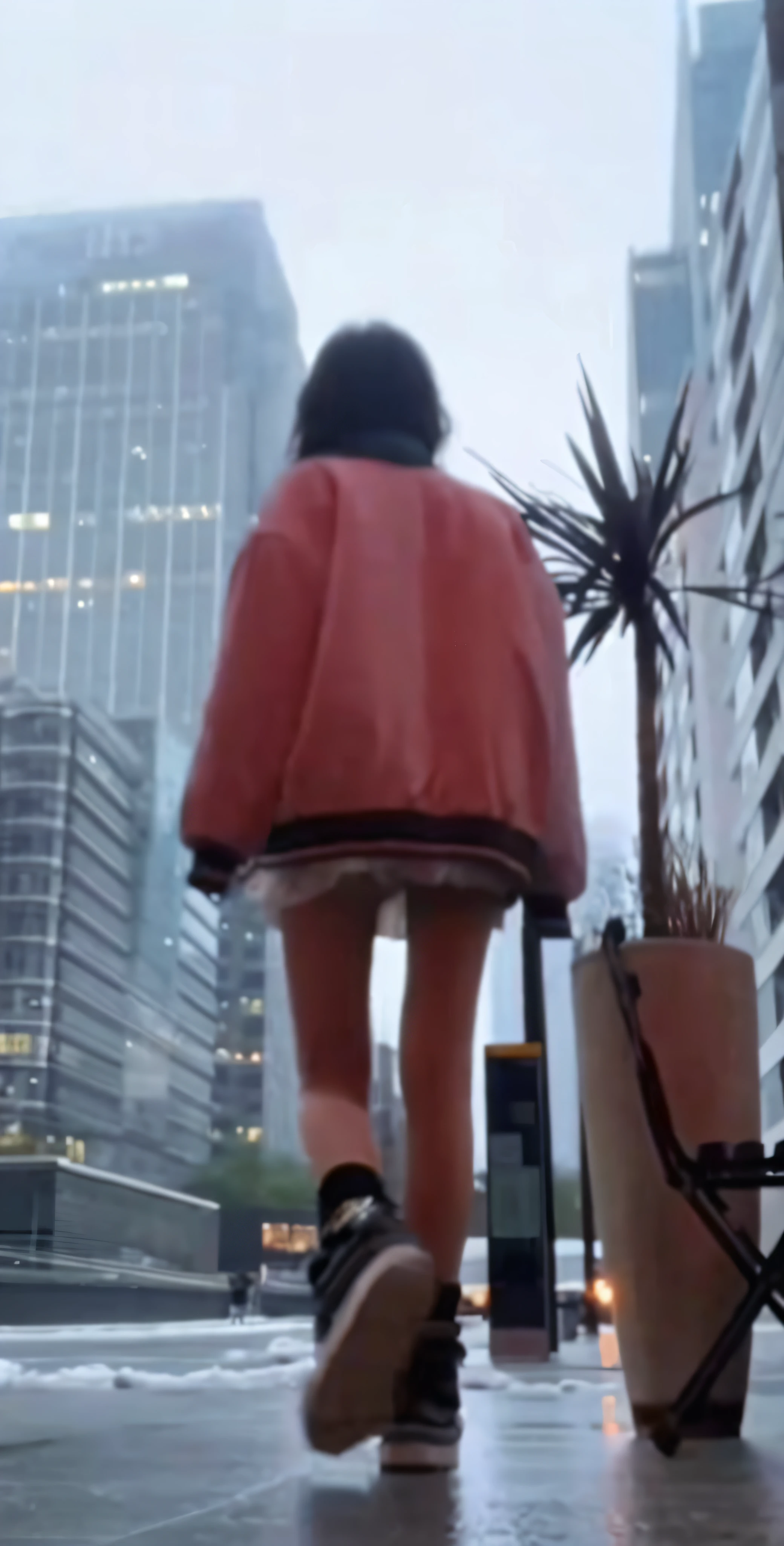 There was a woman walking down the street, set in tokyo rooftop, in style of kar wai wong, styled like ghost in the shell, forest city streets behind her, stepping on the city, highly detailed giantess shot, floating over a city sidewalk, Vintage footage of the streets of Tokyo, walking on top of a tiny city, standing on the roof of a skyscrapper