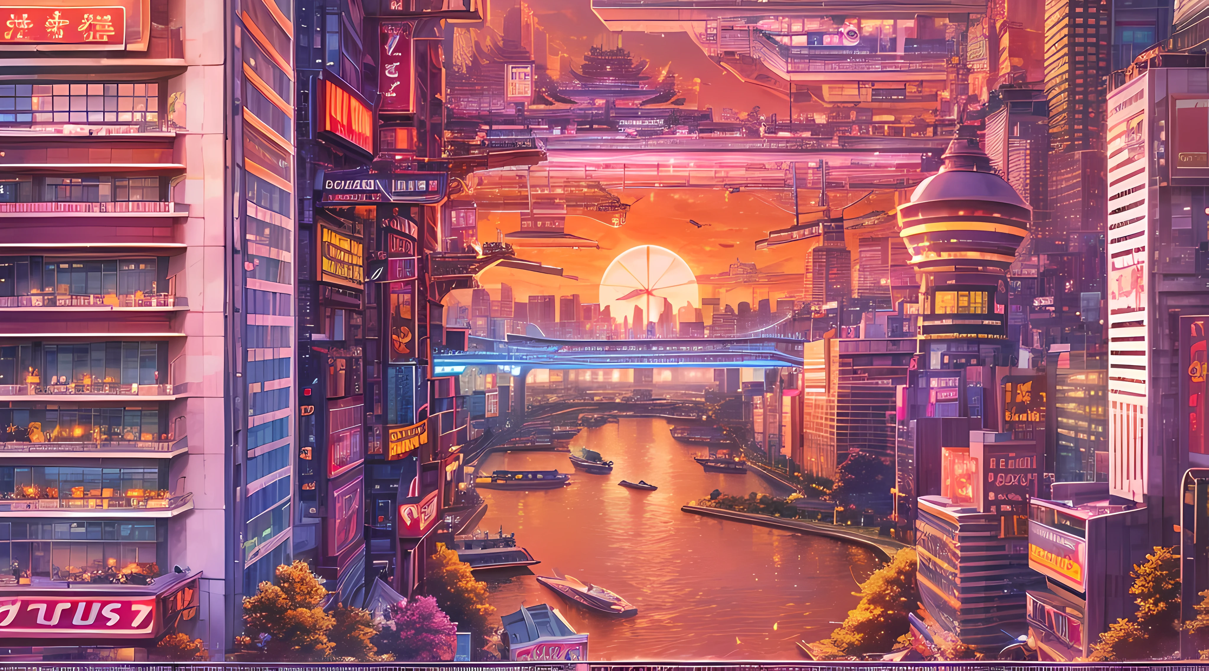 Masterpiece, ultra-detailed, futuristic Tokyo cityscape, aerial view, soaring skyscrapers, neon lights, advanced architecture, bustling streets, elevated highways, hovering vehicles, all under an absolutely magnificent sunset sky, vibrant hues of orange, pink, and gold, city aglow, cinematic, breathtaking, urban wonder, vibrant energy