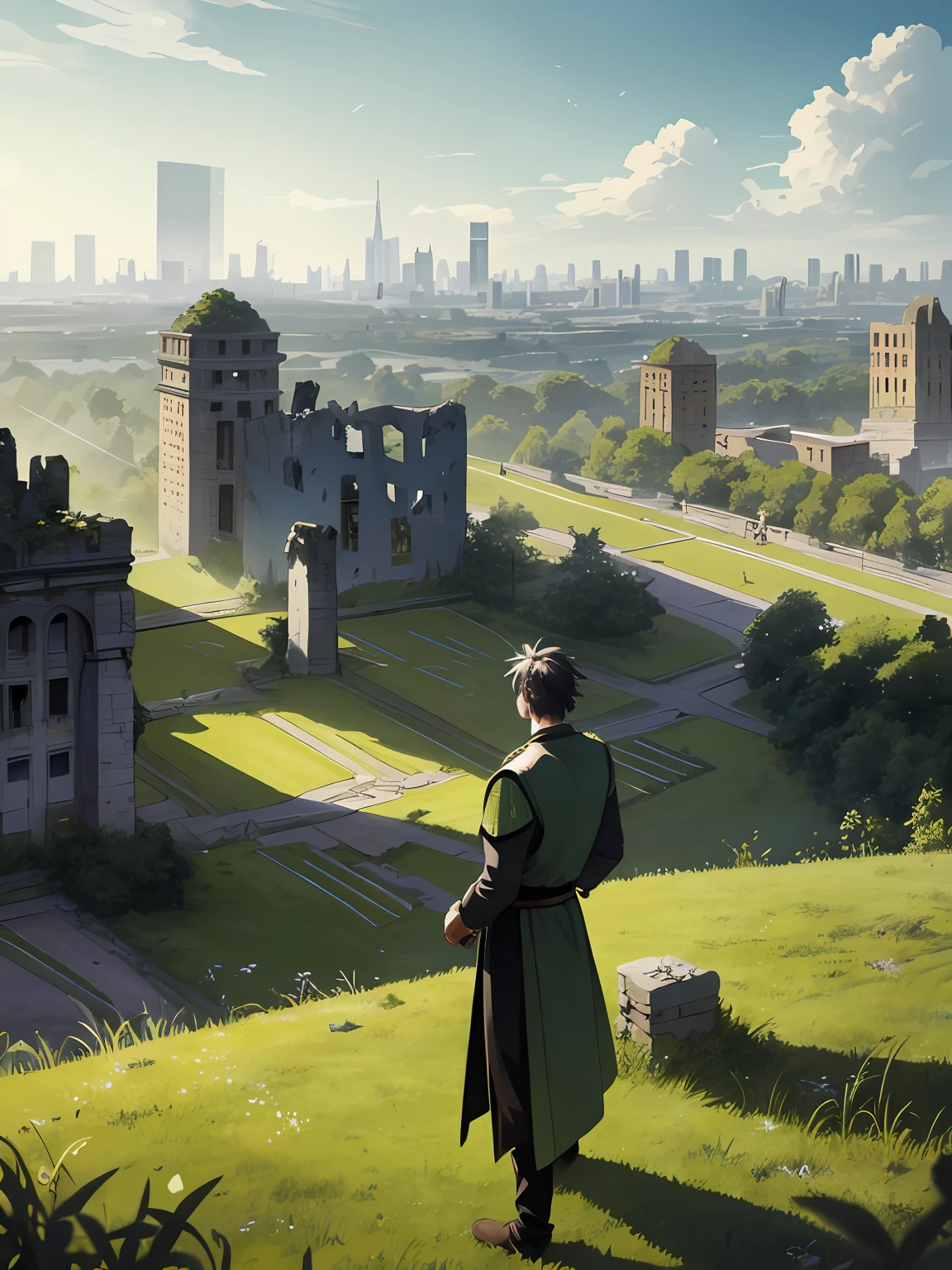 On a green meadow,There was a young man standing,Lead a group of knights。
break
He guided them towards their destination with a serious expression。
break
Behind him,The ruins of the steel city extend,In the distance are abandoned high-rise buildings。
break
The most suitable effect for this scene is the watercolor technique,to capture the fluidity of movement。