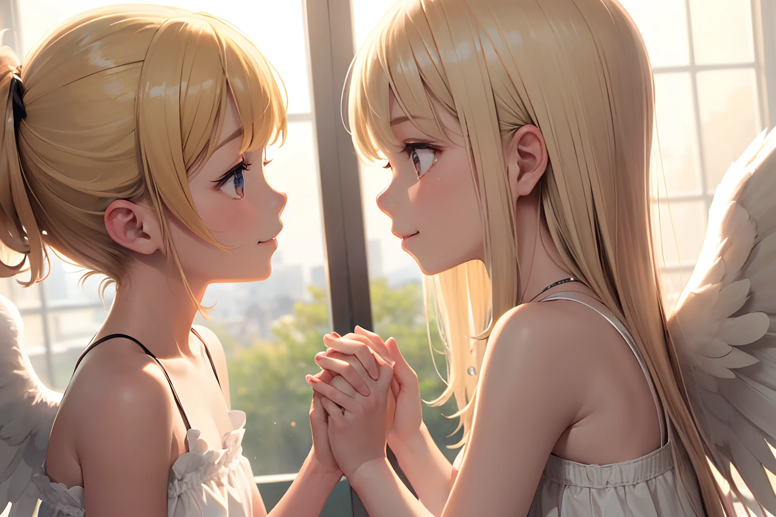 Best Quality, masutepiece, (Girl with angel wings:1.2), Two girls praying face to face, White sleeveless dress, (ar old)xtra detailed face, (Smile), (Petite, skinny:1.1), (Blonde hair:1.2),