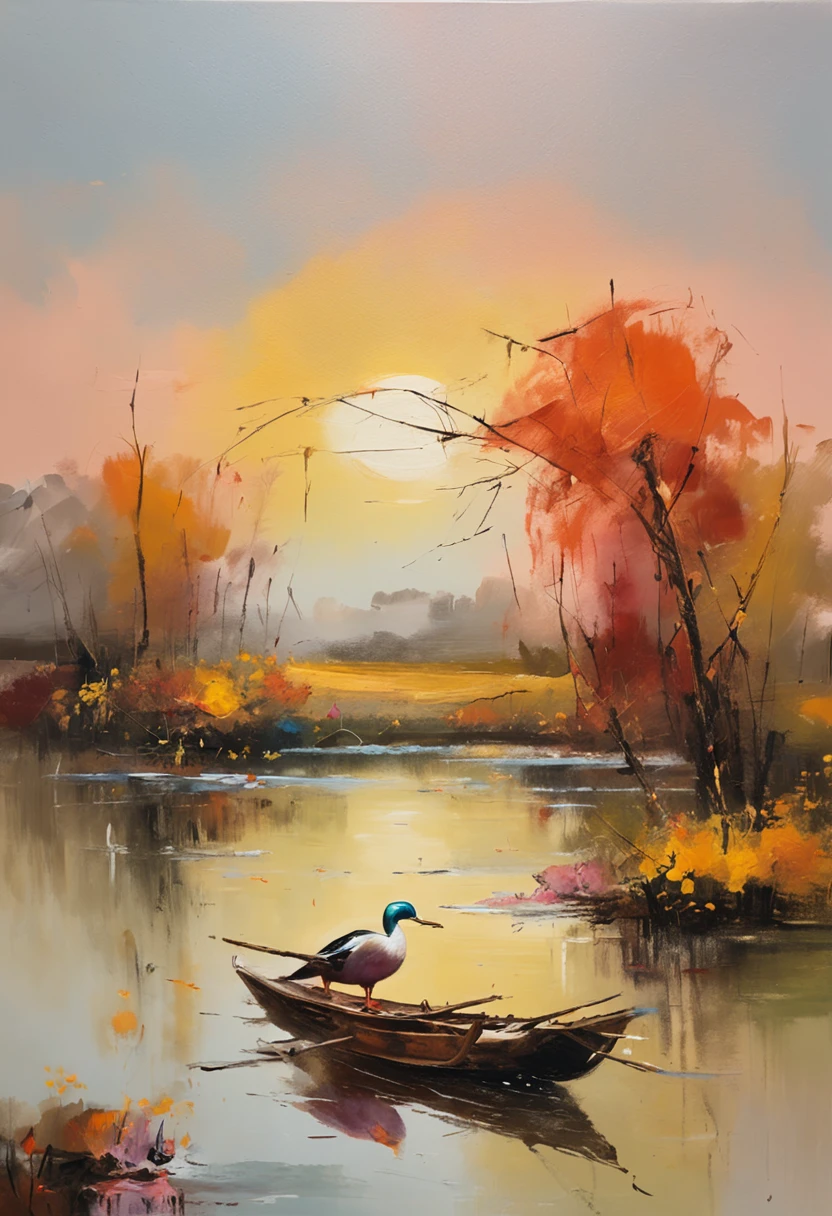 ((masterpiece)), ((best quality)), 8k, high detailed, ultra-detailed, evening light ，Simple colors，Chinese landscape painting style，one duck flying in the sunset，reflection, autumn, river, vast sky, merging, serene, harmonious, peaceful