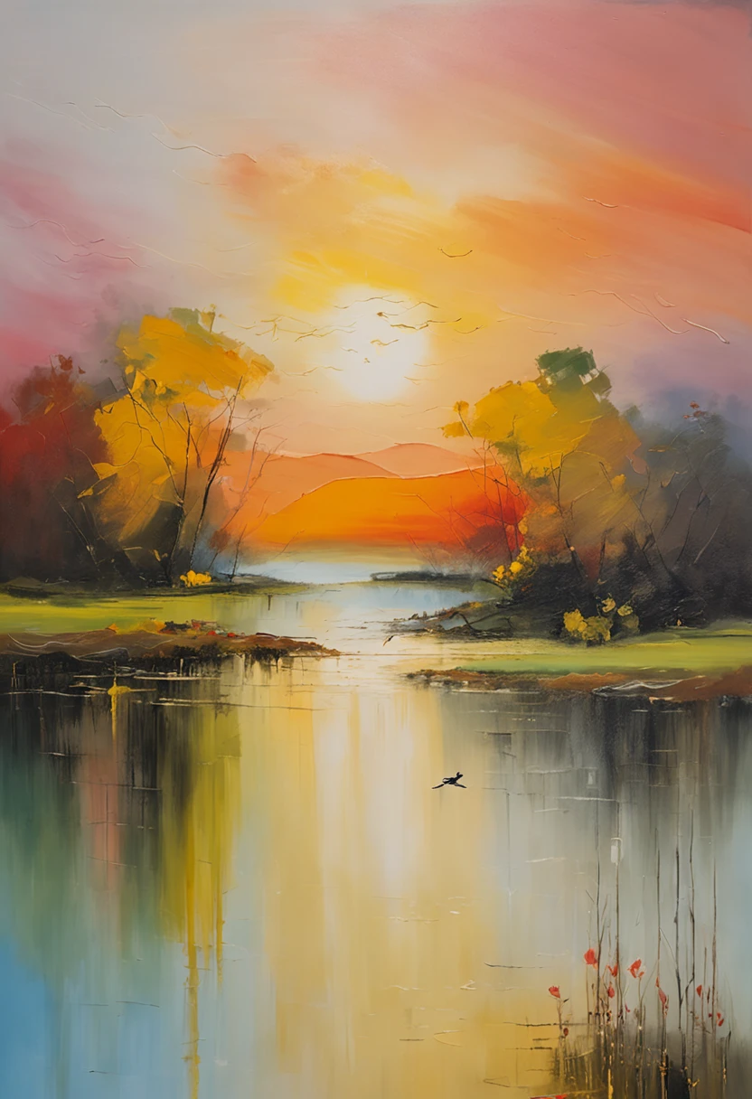 ((masterpiece)), ((best quality)), 8k, high detailed, ultra-detailed, evening light ,Simple colors,Chinese landscape painting style,one duck flying in the sunset,reflection, autumn, river, vast sky, merging, serene, harmonious, peaceful